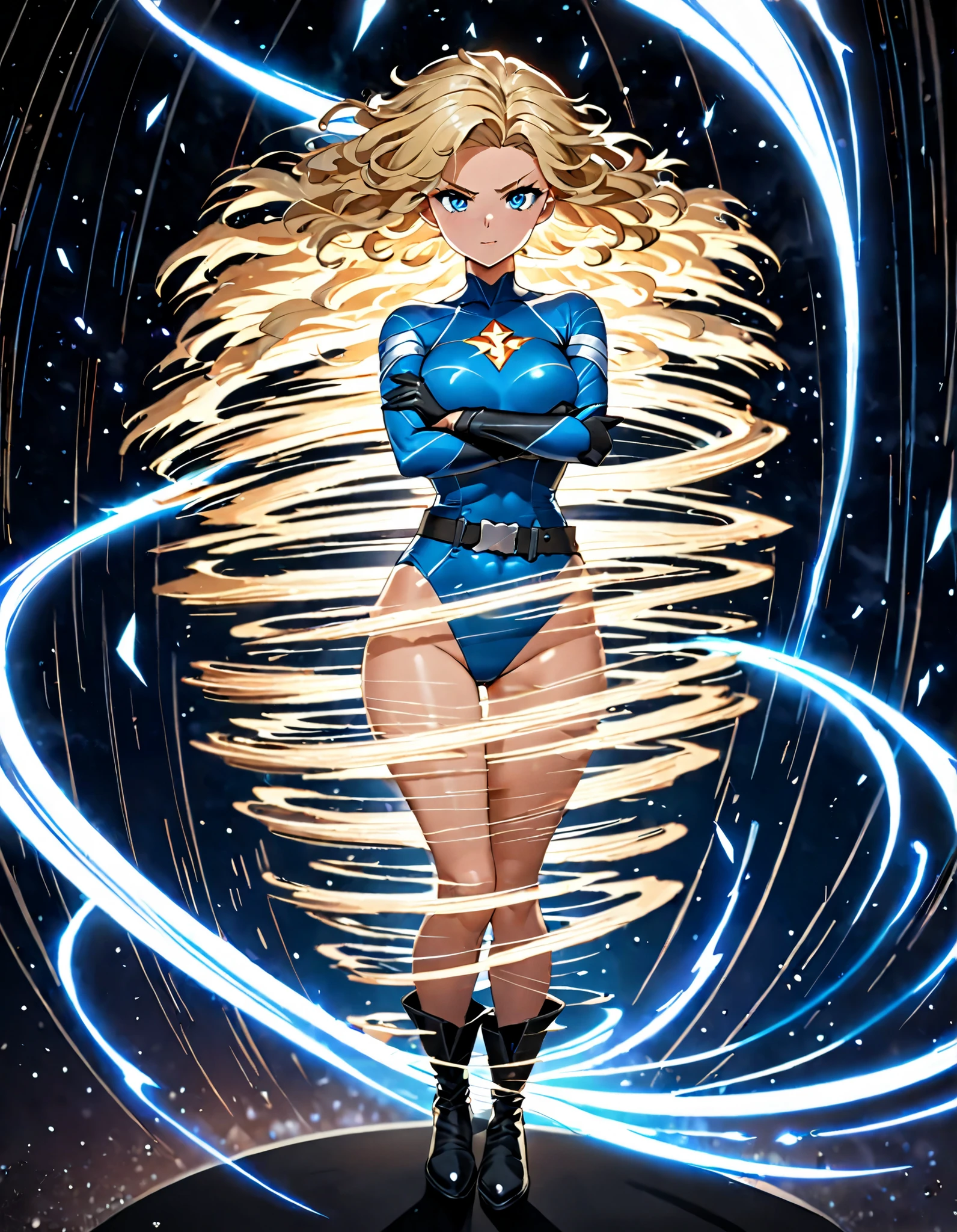 1girl, medium breasts, ((leotard, light blue leotard)), long sleeves, (lighting bolt emblem on chest), (bare legs), (fastened tight belt), boots, matching boots, gloves, space backdrop, solo, single, standing, full body shot, cowboy shot, superhero, beautiful detailed eyes, power, blonde hair, (short hair), wavy hair, mature lady, teacher, (spins fast) in place like a (tornado), wind swirls, rapid gyration, girl tornado (spinning), girl turning to a whirlwind, outstretched arms, perfect body, (perfect hands), (curved sword slash)