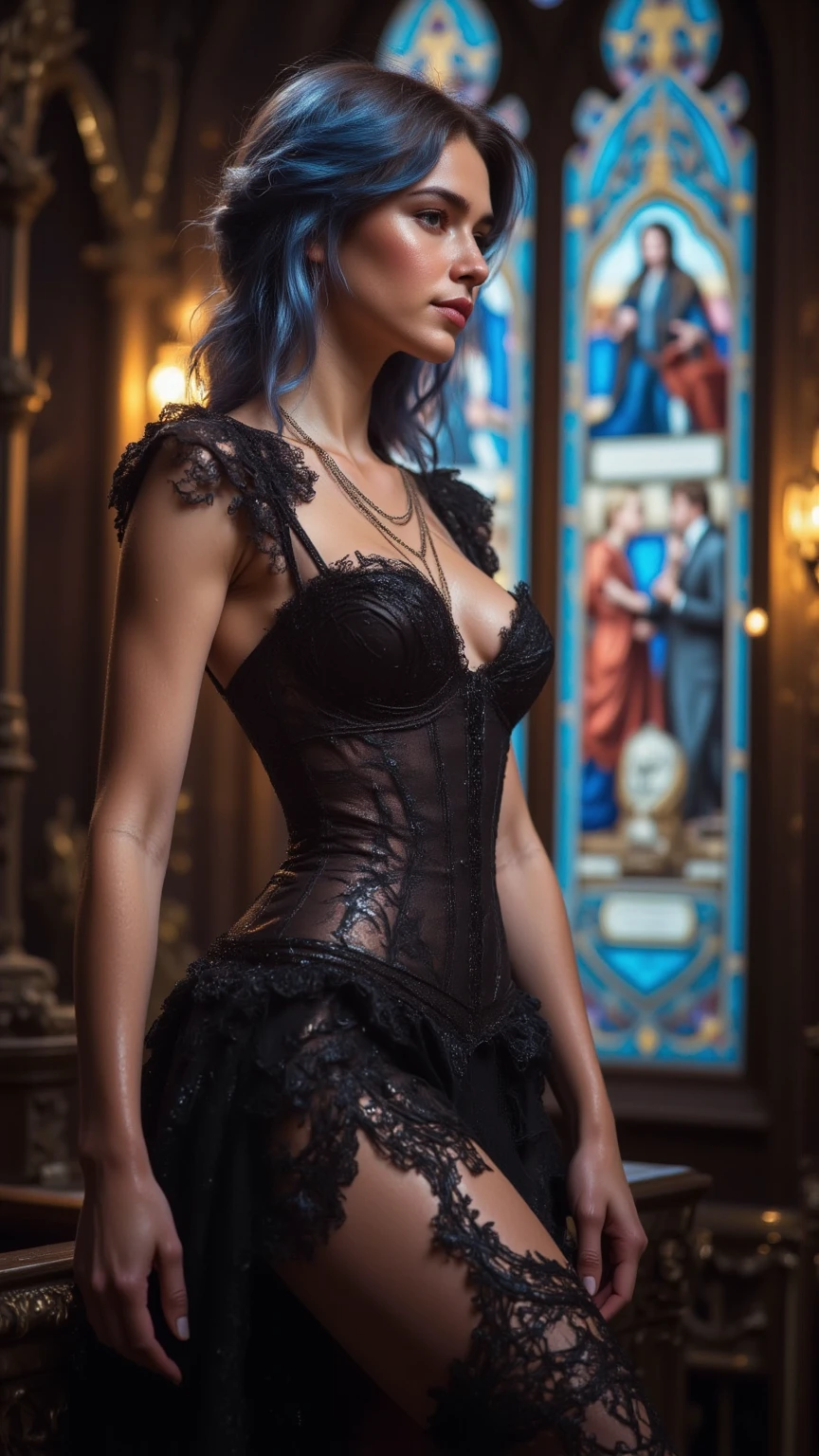 edgy goth woman wearing a Black lacy Victorian corset, upper body, Spiral curls, Emerald hair color, depth of field, hard shadows, night, dark , deep, grainy, silhouette lighting black stocking and glowing yellow eyes.
