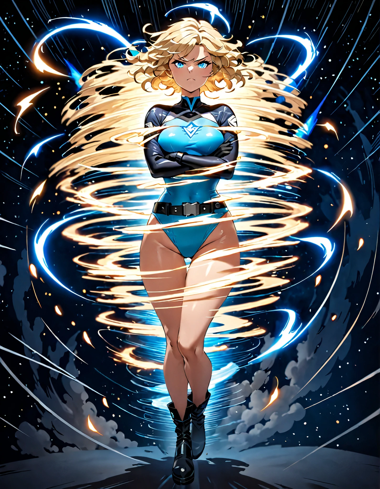masterpiece, best quality, agrias, grey sweater, black leotard, twirl, spin, blonde hair, superhero, boots, tornado, whirlwind, solo, bare legs, whirl, wind effects, spinning into a tornado, fast spin, stand, time travel, travelling through time, highleg, perfect hands, perfect fingers, highleg leotard, powering up, tornado swirls