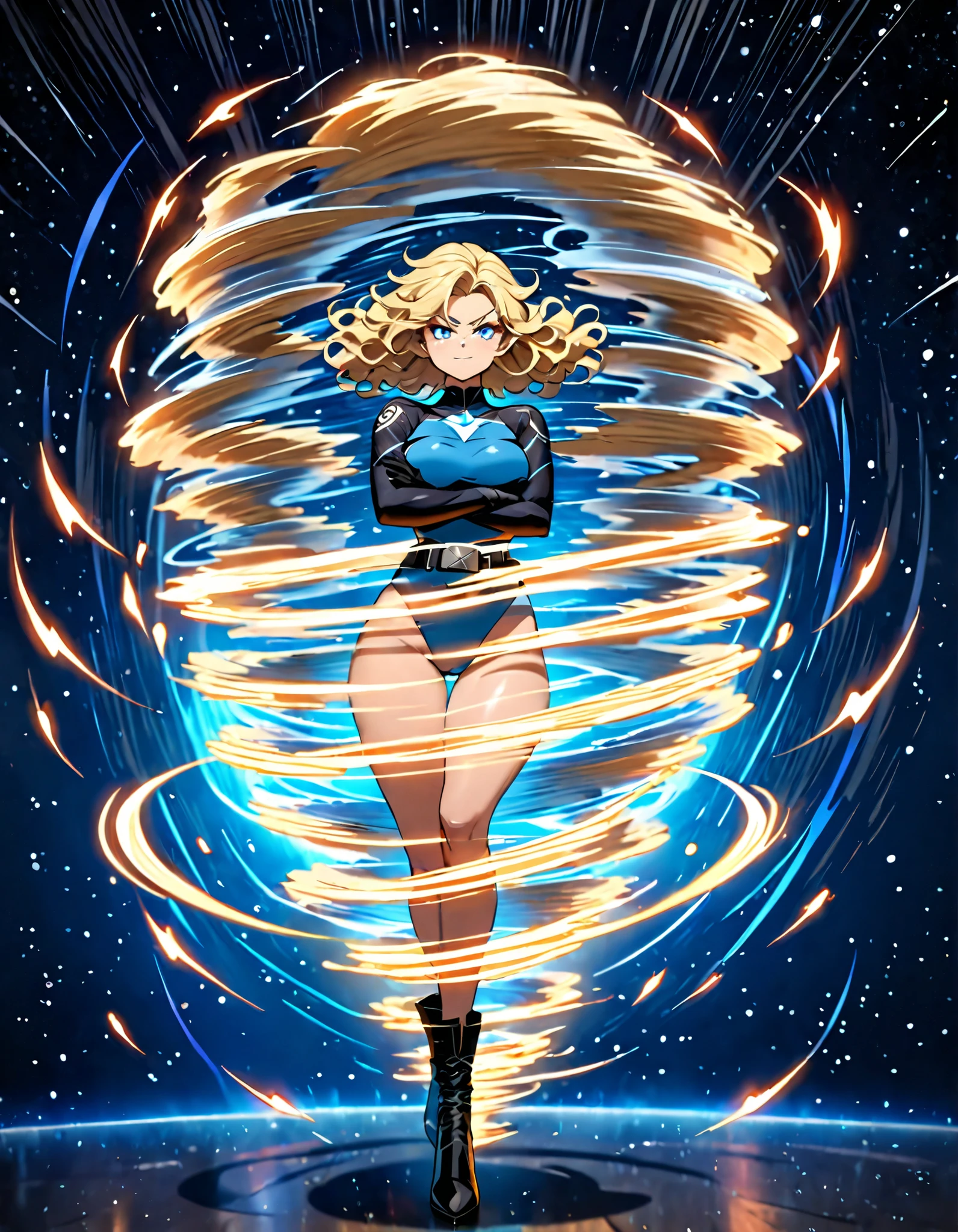 masterpiece, best quality, agrias, grey sweater, black leotard, twirl, spin, blonde hair, superhero, boots, tornado, whirlwind, solo, bare legs, whirl, wind effects, spinning into a tornado, fast spin, stand, time travel, travelling through time, highleg, perfect hands, perfect fingers, highleg leotard, powering up, tornado swirls