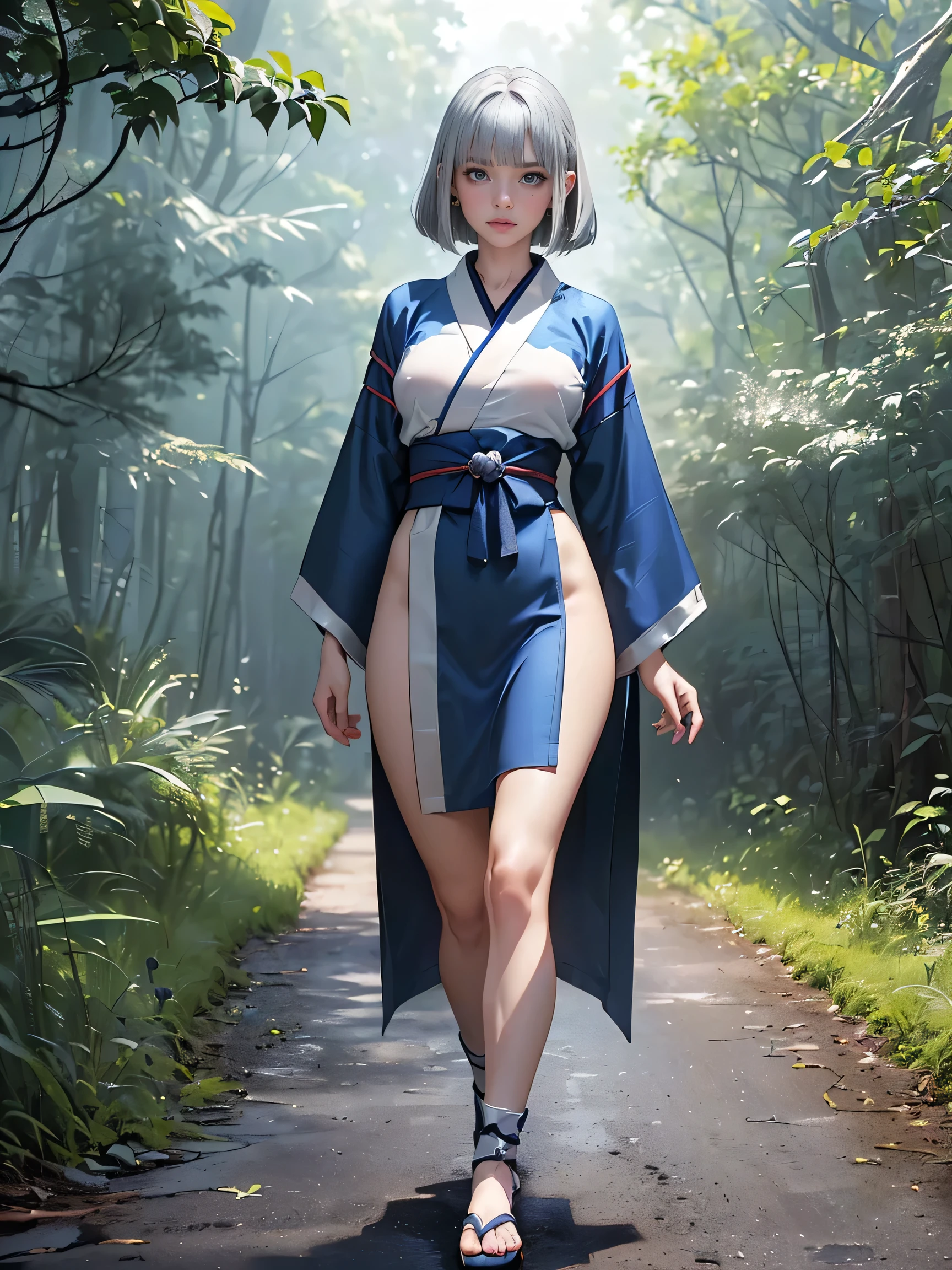 nsfw、high resolution, masterpiece, ((Wears an anatomically correct sword.3))、top quality, ((textured skin 1.2)), 8k Octane, 1 girl、 silver hair、Long、blue eyes、((Full body 1.mole hips 1.、bob hair、((long bangs))、
(short hair)、 silver hair,  Soft hair for cell phones、blue eyes、( small mouth)、((Xiaoyang))、  slim、((big breasts 1.5))、  abs、 rugged expression of 1 female、

((night、Walking along a forest path　))、((Female Ninja１.3))、((1 Short Japanese mini kimono that is easy to move.3))、((Kimono is particularly short))、((Ready１.5))、battle pose、
