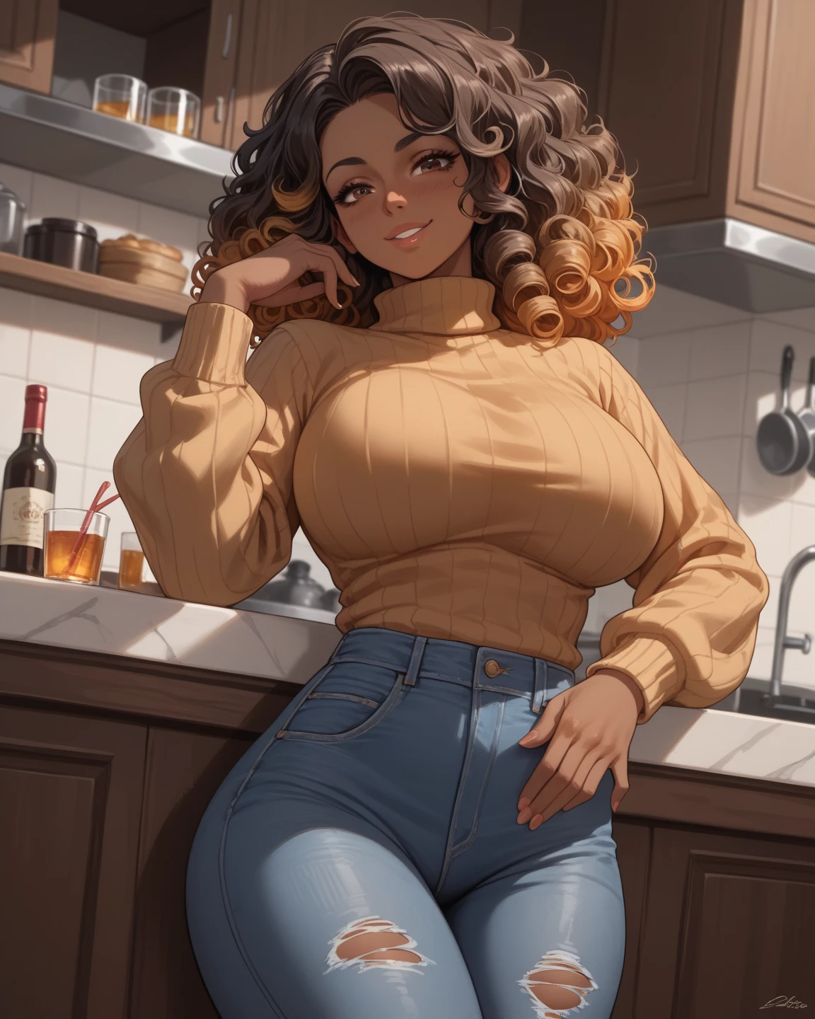 (Masterpiece), 18 year old girl, (tanned skin), (very big lips), wears a headband, short black hair, afro curls, small breasts, big thighs. (she is wearing a white tank top, very tight, very transparent, very small, very wet, she is wearing it, you can see her belly), (no bra, no panties), (low-cut t-shirt, cleavage), (mini shorts, tight , very small), (he wears flip flops, his feet are visible, perfect feet, well-made feet). (standing, on her back, showing her ass), blushing, (evil lascivious smile), in the kitchen,