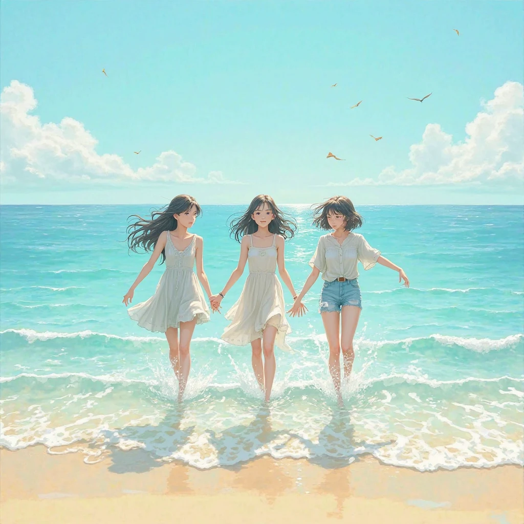 group photo of cute teen girls,sunset beach,