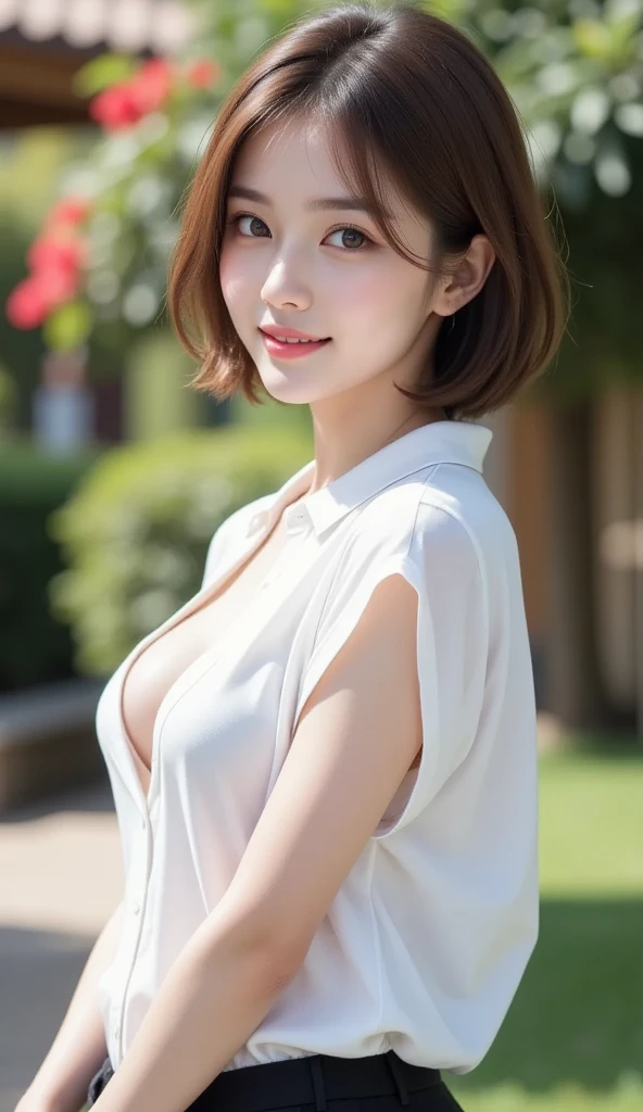 Have a camera、cameraman、NSFW, 8k RAW photo, Best Quality, masutepiece, 超A high resolution, Film grain, filmg, 1girl in, Looking at Viewer, Natural Skin Texture, realistic eyes and face details, Full lips, lip stick, (makeup), Red eyeshadow, Fluffy short hair, hair messy, Smile, closes mouth, Beautiful legs, Tall lady, skinny, slim_Legs, Solo, huge-breasted, cleavage, Ultra short skirt, Ass, Shirt, beautiful nature location, Around the place of flowers, (Detailed background), plaid skirts, White wet shirt, huge-breasted, cleavage, Show a little cleavage through the shirt, lowfers, Blurry background, Blurry, Holding, Plaid, Short sleeves, shorth hair, 手链, Water, Bangs,, Jewelry, Parted lips, Lips, From Side, Pleated skirt, depth of fields