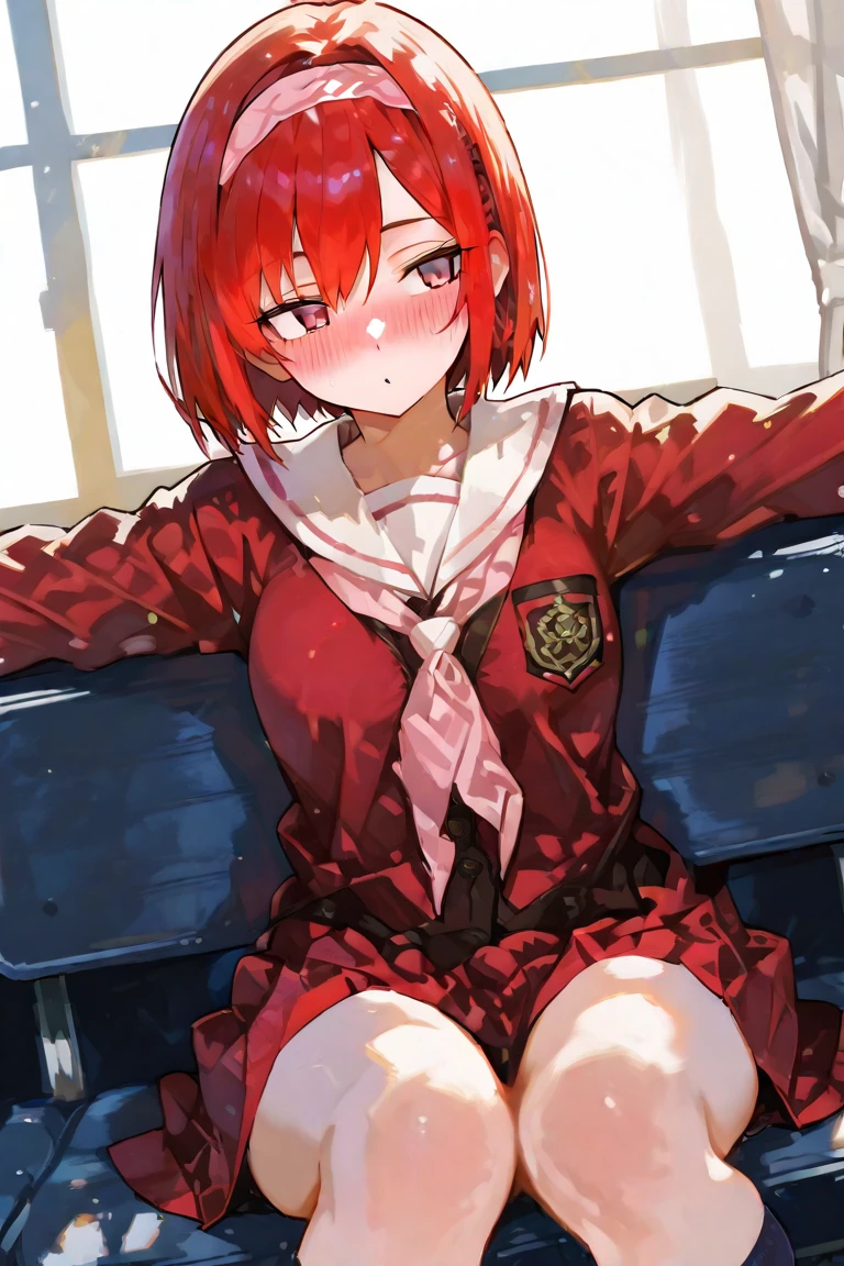 A red-haired girl with short hair wearing a not so voluptuous anime-style princess headband in the costume of a red schoolgirl sitting on her legs, extending her arms as if she wanted to hug someone, embraces the perspective from the front while blushing, staring intently at the perspective 