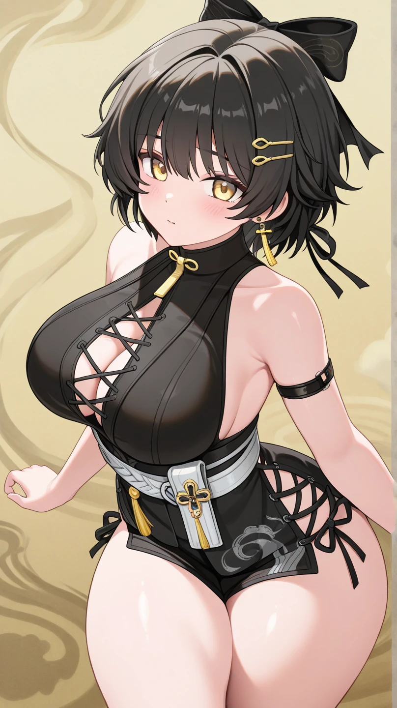 ((masterpiece、best quality、，Very detailed)、，((A girl))、Black Hair，Black clothes，From the next shooting time，Short Mini Dress，Hair covering eyes，（Large Breasts），Bikini，Shy，Exceed，Thick Legs，Fascinating three-dimensional,Fascinating three-dimensional（（Hair covering eyes）），night，dark dark skin