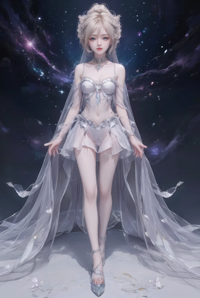 ((best quality)), ((masterpiece)), (detailed),.It has a celestial and ethereal appearance, inspired by celestial and cosmic elements. Its body is slender and translucent, as if it were made of bluish crystal that glows softly with small stars.