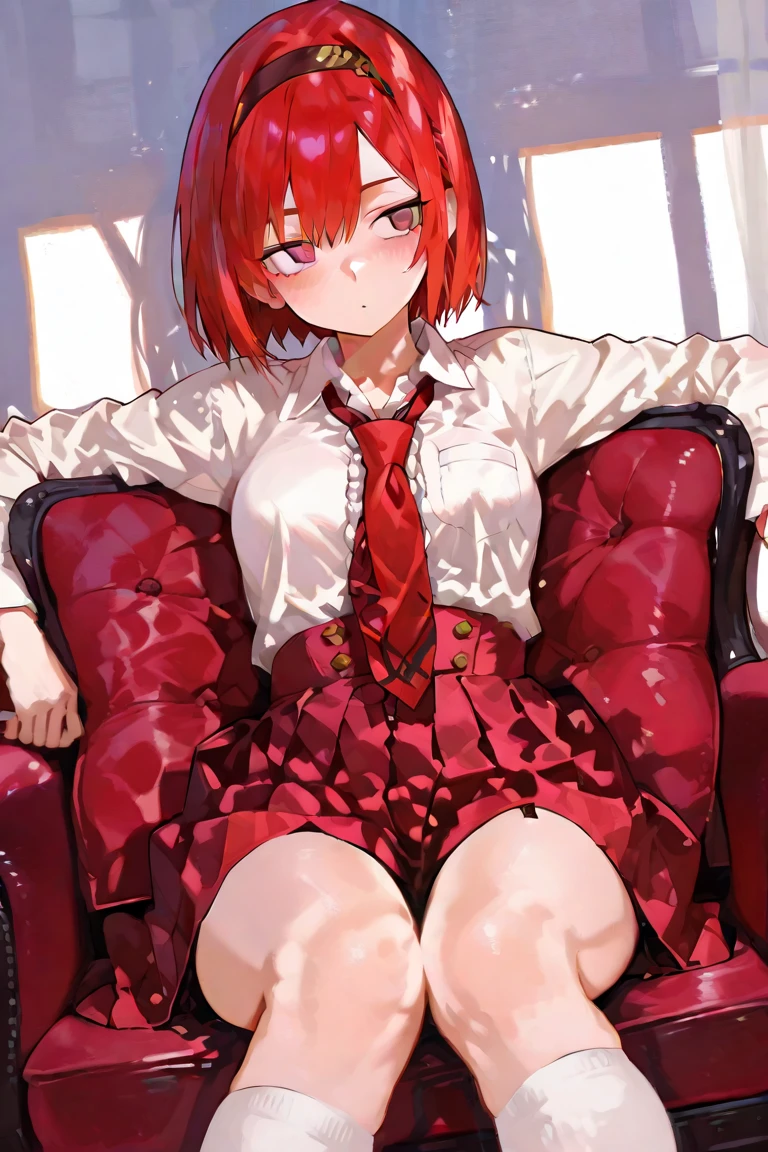 Girl, fair skin, gold eyes, short red fluffy hair, black blazer, HD, cute, anime, {schoolgirl}