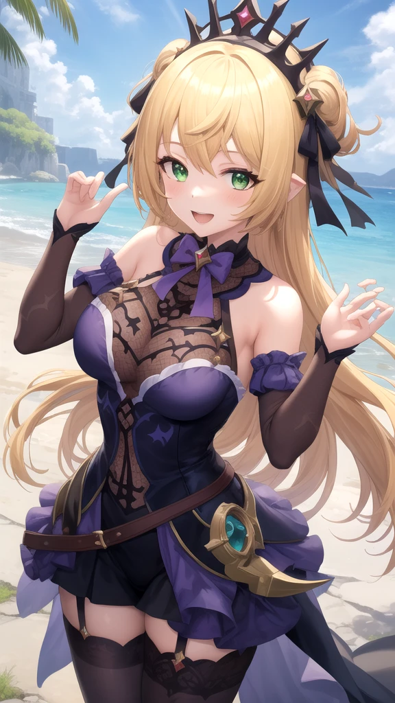 FIRMETERA, ERUNE, HAIR ORNAMENT, BLACK DRESS, GOLD TRIM, BARE SHOULDERS, CLEAVAGE, SEE-THROUGH, BLACK SLEEVES, BLACK THIGHHIGHS, 1girl, solo, upper body, facing viewer, looking at viewer, smile, smug