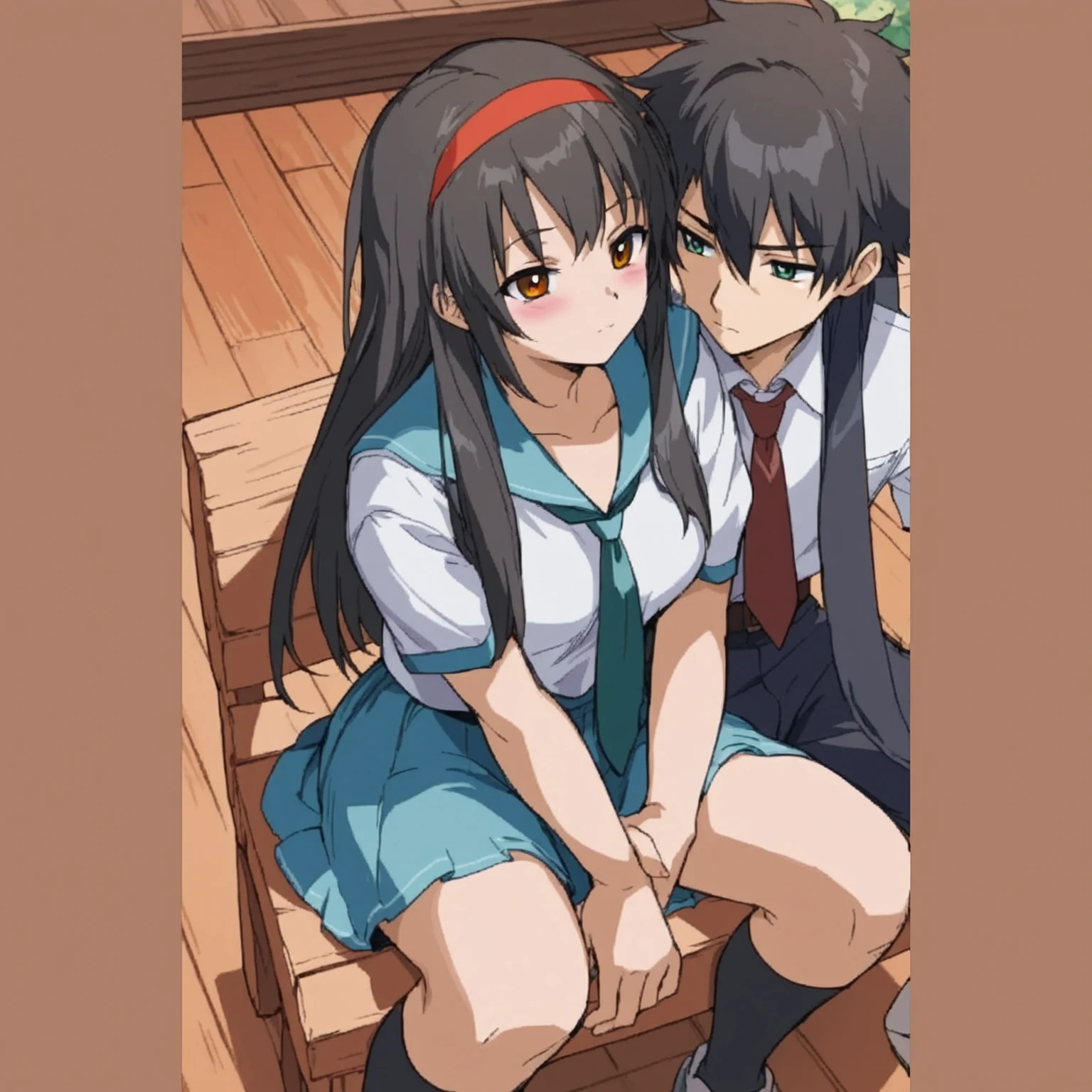 big beautiful woman, tiny boy, head between thighs, sitting on shoulders, white background, school uniform
