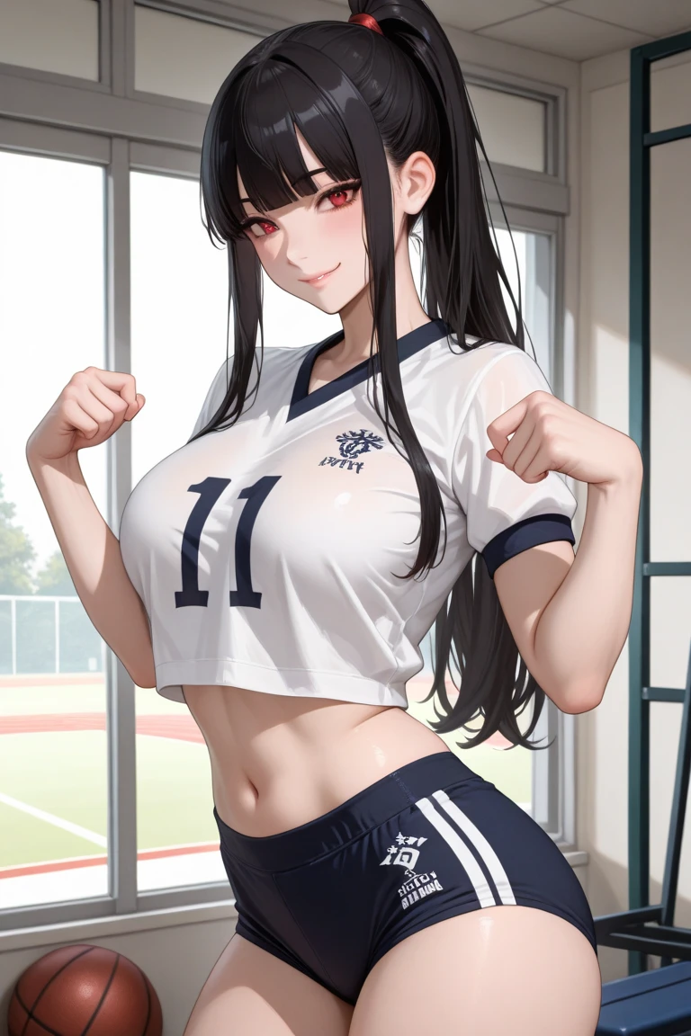 A woman wearing a German women's football uniform, with black, red and yellow colors, sleeveless shirt, black shorts, white and black sports sneakers, black hair, long hair, ponytail hair, burgundy eyes, smiling, on a lawn custom football field,smiling, big breasts.UHD, masterpiece, accurate, anatomically correct, textured skin, super detail, high quality, best quality, 8k, high resolution , bokeh effect. (solo woman)