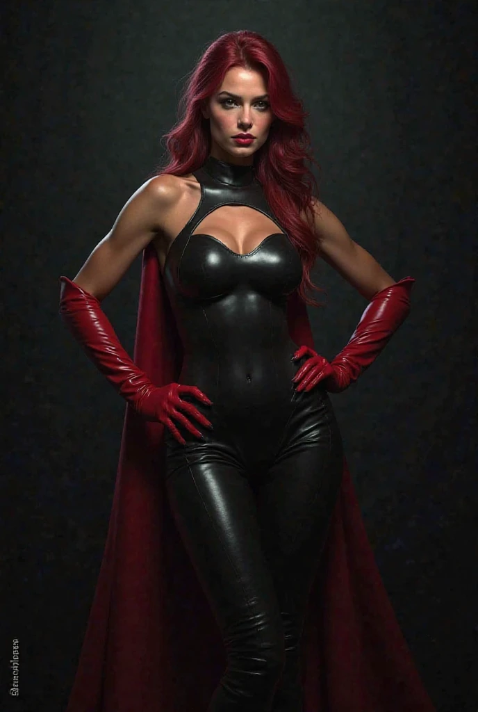 ultra realistic, photography, long red hair, girl, 24 years old, hourglass figure, perfect body, small breasts, Flirty look, extremely detailed artgerm, in the style artgerm, facing the camera, lens 35 mm, blur background, wearing a catwoman costume, standing in front of a huge vault door, full body picture, full body, red lips