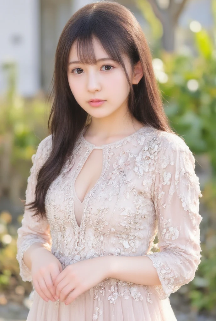 A petite but not too short, youthful-looking girl. She has long soft ash brown fluffy soft wavy hair that is ultra light and silky, gently messy in a natural and charming way. Her face is adorably symmetrical with playful yet innocent expressions, large sparkly eyes, naturally rosy cheeks, and soft, plump lips. Her build is slim and delicately proportioned, with subtle curves and a small but soft chest. Her skin looks incredibly smooth, velvety, and elastic, with a healthy glow. She moves with playful grace and catlike flexibility, giving off a mix of gentle kitten-like cuteness and a sly, teasing fox-like charm. Often mistaken for a schoolgirl due to her petite frame and youthful aura, she radiates a mix of innocence, mischief, and irresistible sweetness. She is wearing a soft white long-sleeved blouse with delicate lace trim at the cuffs and a soft pink ribbon at the collar. Her blouse is tucked into a high-waisted dusty pink A-line skirt that reaches just below the knees, flowing gently with each movement. She wears thick white stockings that emphasize her clean and modest charm, paired with ivory mary jane shoes with a small heel and thin strap. A small beige shoulder bag rests at her side, simple and cute. The overall look is sweet, elegant, and subtly enchanting, balancing innocence with gentle allure and subtly seductive.