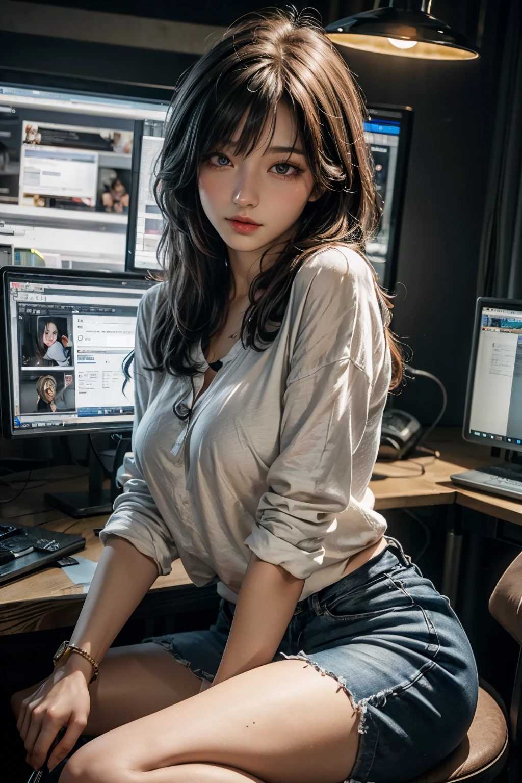 Masterpiece,Best quality,Art officiel,extremely detailed CG unified 8k wallpaper, (Hdr:1.4), (cinematic), (Couleur pastel, Couleurs sombres, Soothing Tones:1.3), (Texture naturelle de la peau, Hyper photorealism, Soft Light, tranchant),(Extremely detailed), professional lighting, Radio Ville,((1fille，20 ans)), In space, astronef, rayons solaires, (Wires & Cables:1.1), (science-fiction:1.2), hublot, Enlumineur, stars, fantaisie, Best quality, A LOT OF DETAILS, Masterpiece, Ultra-detailed, illustration, Realstic, An extremely delicate and beautiful girl, beautiful detailed  eyes,8k_The wallpaper,beautiful detailed girl, Regarder le spectateur, messy hair, seins moyens, boobocus latéral à la base de la cuisse)), (Combinaison spatiale lourde，Mini skirt légère de grande hauteur，The areola is faintly visible，Imminent genitalia，pubes，Asseyez-vous sur vos genoux，Legs separated),  unbuttoned, corps entieresbienne, ((Sexual suggestivity)), seductive smile，((from front))，Desire for dissatisfaction，