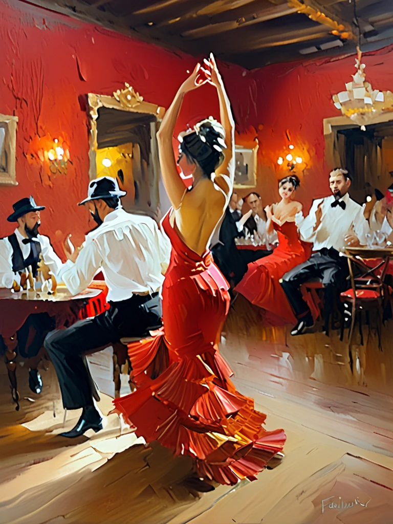 very sexy girl, in an elegant and sexy dress, dancing, alone, having fun, in a pub, between shadows, oil painting, powerful composition, emotional impact, Bill Sienkiewicz inspired art
