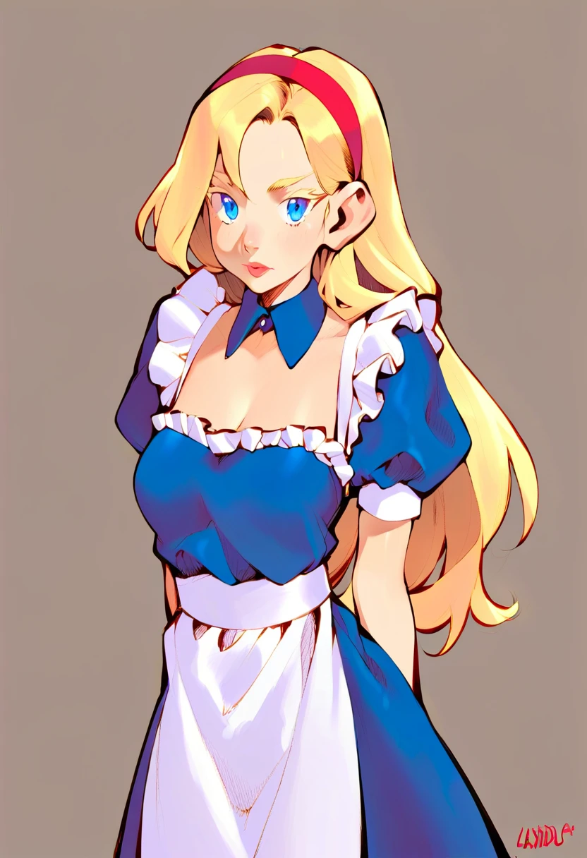 masterpiece, 1girl, solo, make her a sexy Alice in Wonderland with blonde hair, powder blue dress with white apron, white stockings, cleavage, dynamic, ultra high def, 32k, (perfect anatomy:1.5), perfect legs, in the style of Artgerm and Adam Hughes, perfect arms, downblouse