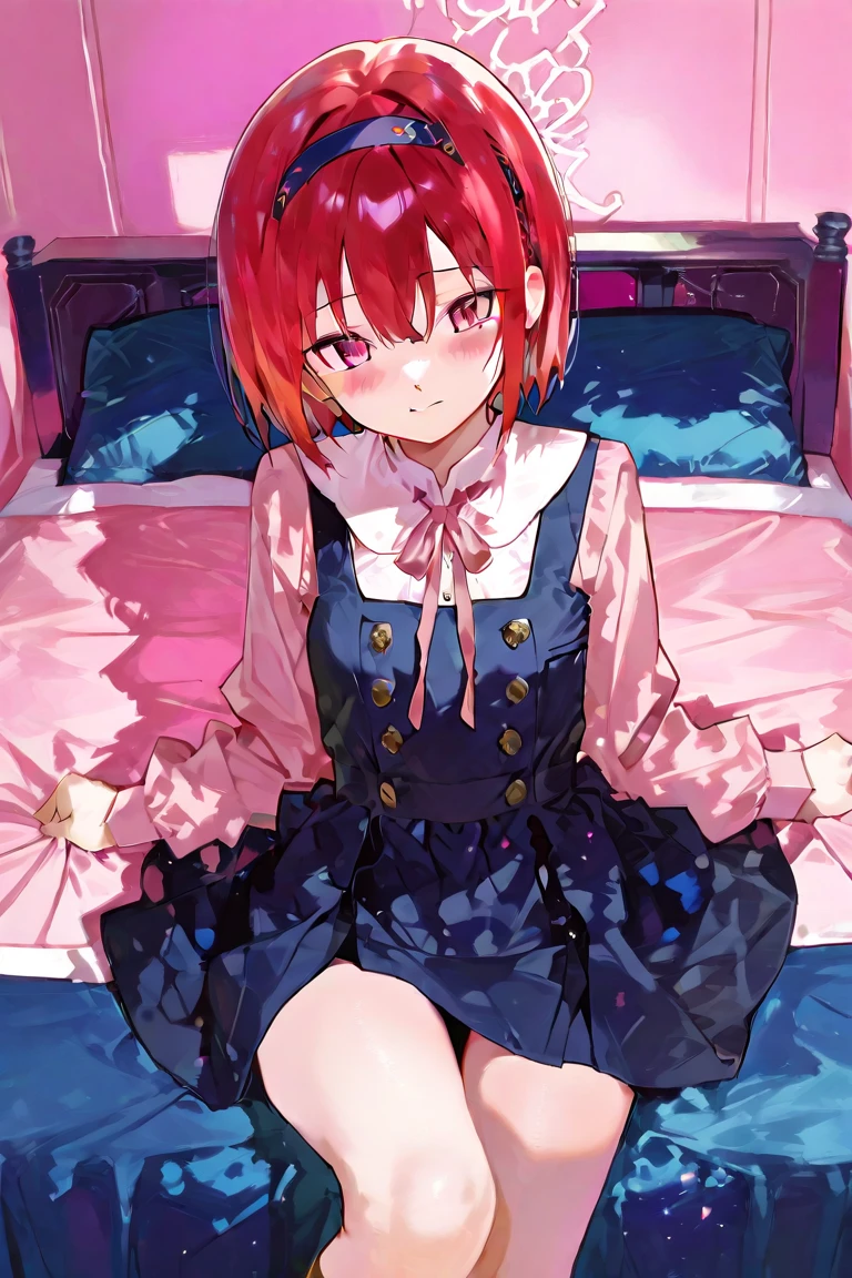We are in the pink room the sheets of the blue bed in that room there is only that bed a red-haired girl with short hair wearing an anime-style headband in a schoolgirl dress sitting on her legs extending her arms in front of her chest as if she wanted to hug someone while the perspective from the front blushes blushed looking intently at the perspective 
