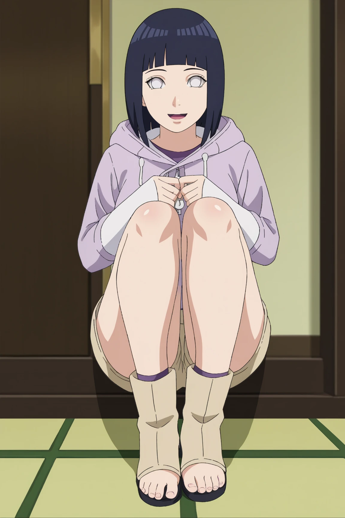 Hinata Hyuga, white underwear, feet up, spreading legs, wearing black boots