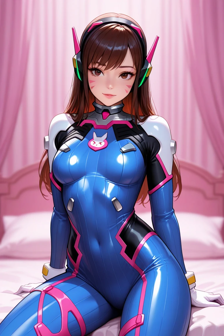 (((masterpiece))), (((best quality))), ((ultra-detailed)), (cinematic lighting), (illustration), (beautiful detailed eyes), (1girl), full body, looking at viewer, large breasts, bed, dakimakura \(medium\), blush, ((grabbing own breast)), open mouth, sexually suggestive, smug, smile, alice \(nikke\), (pink latex bodysuit:1.3), animal ear headphones, shiny clothes, twintails,spread legs