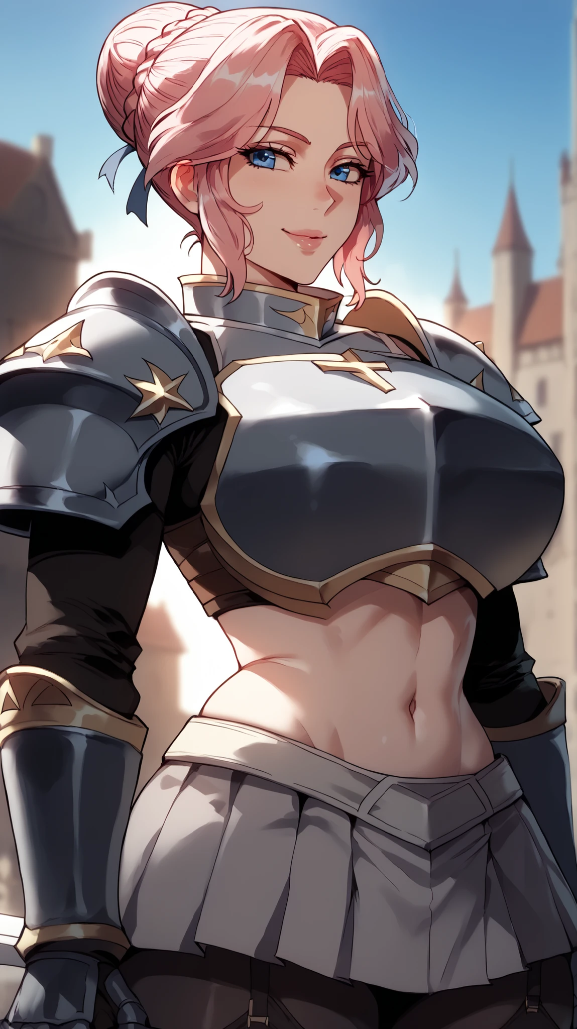 claudia levantine, short hair, blue eyes, pink hair, french braid, braid, glossy lips, huge breasts, black shirt, black armour with gold trim , multicolored shirt, pleated skirt, gold breastplate, black miniskirt, white gloves, black elbow gloves, garter straps, white belt, white belt, black thighhighs, medieval city, metal gauntlets, cross, armor, gauntlets, smile, crop top, fancy shoulder armour, partially exposed underwear, knight armour, (breastplate: 1.5), chest armour, holding_sword, giant sword, buster sword, fancy armour, cross on armour, dynamic lighting, shadows, HazeltheBuster_WDE