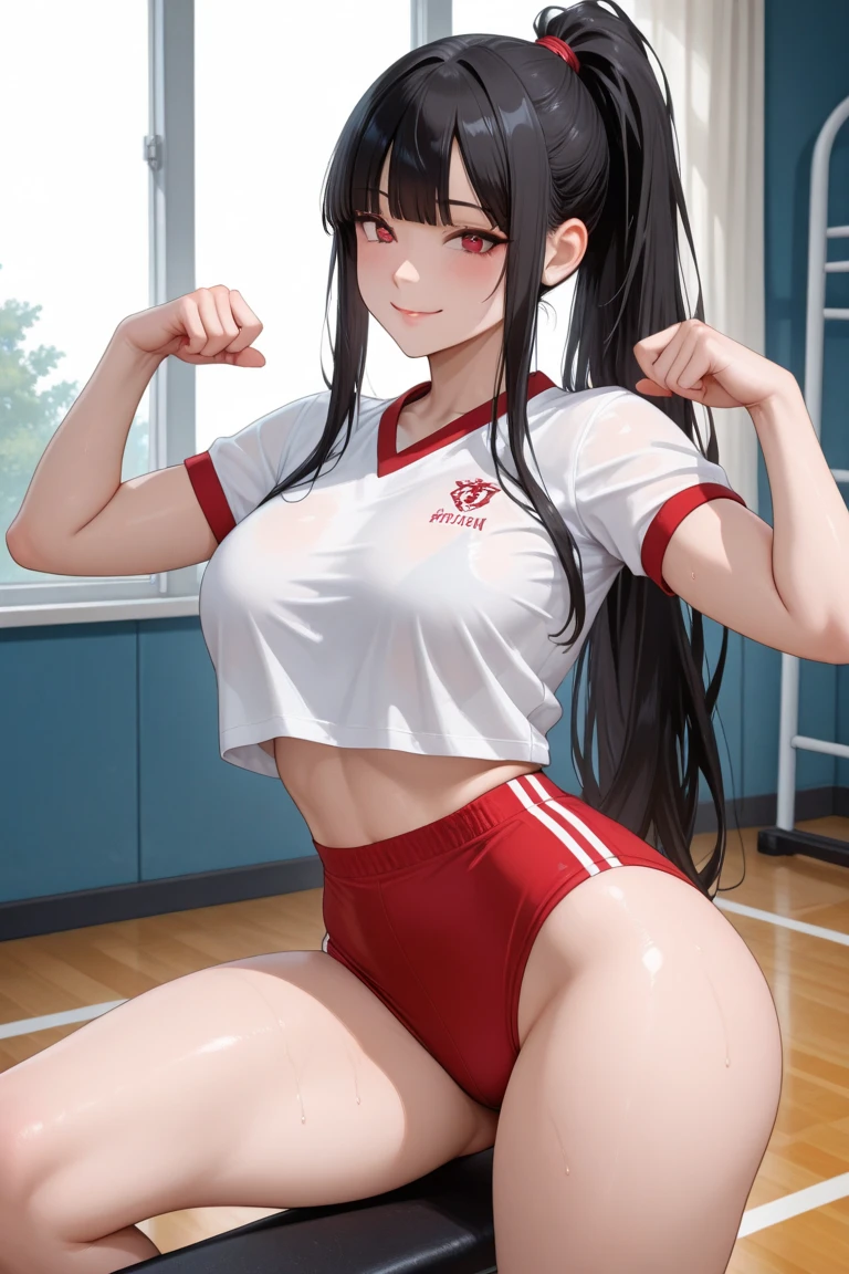 ((Masterpiece)), perfect anatomy, perfect shading, field of depth, (best quality), extremely delicate and beautiful, perfect lighting, detailed face, ultra cute face, cute, (cowboy shot 1.2), looking at viewer, full body, (((1girl))), (((solo))), cheerleader

 medium hair, fluffy hair, black hair, brown eyes, ((blush))), (cheerleader uniform), (blue and white tank top 1.2), (short section red skirt 1.2), thigh highs, chocker, extremely tight clothes, small breasts, cleavage, perky breasts, wide hips, thick thighs,

 School gym, intricate background, detailed background, sweaty, out of breath, hands on hip