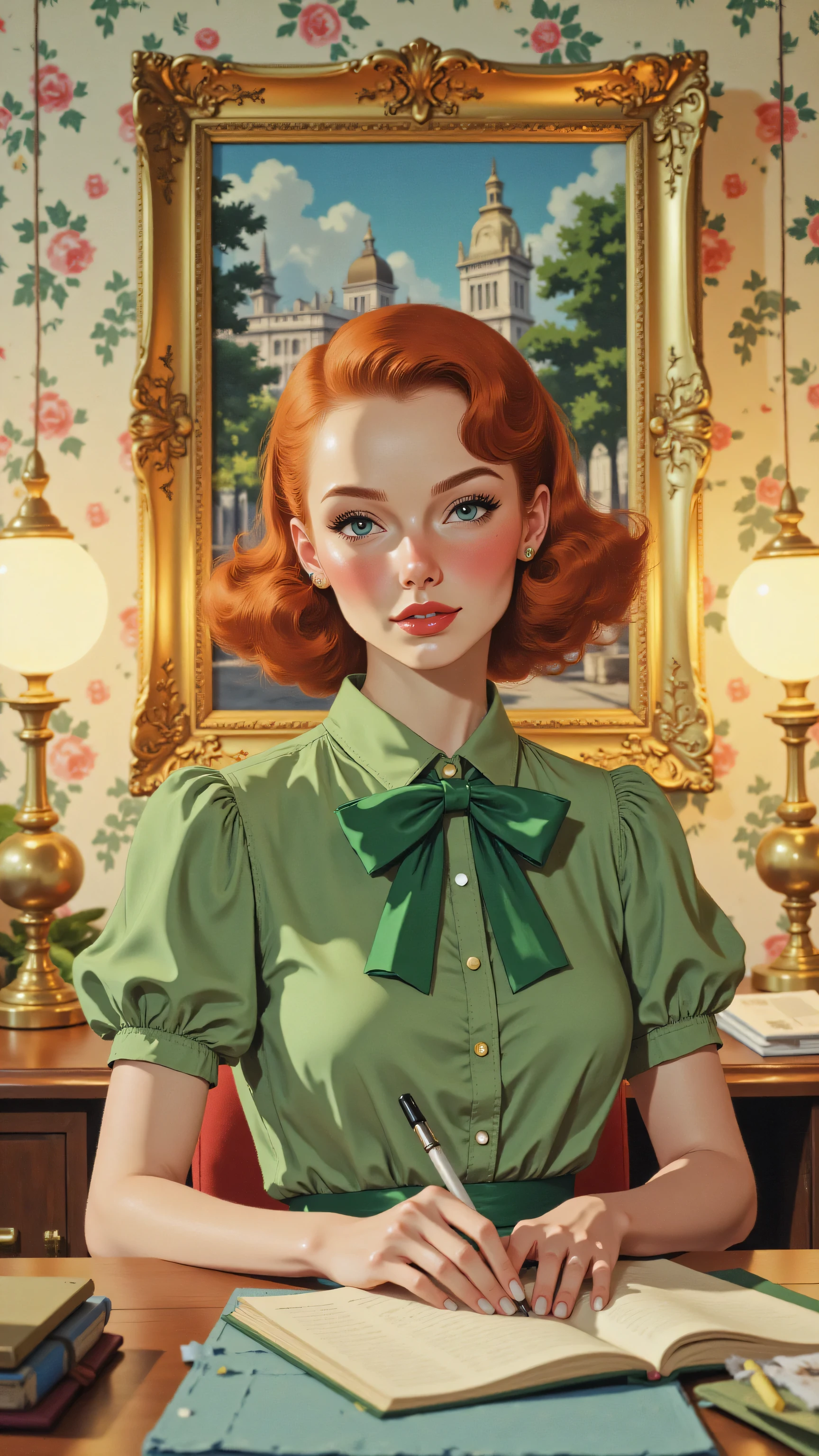 8k, Masterpiece, Top Quality, redhead, woman, green blouse with bow, yellow spherical lamps, floral wallpaper, golden picture frame, pastel colors, symmetrical composition, soft lighting, retro office setting, detailed textures, Vintage interior, 1950s style,