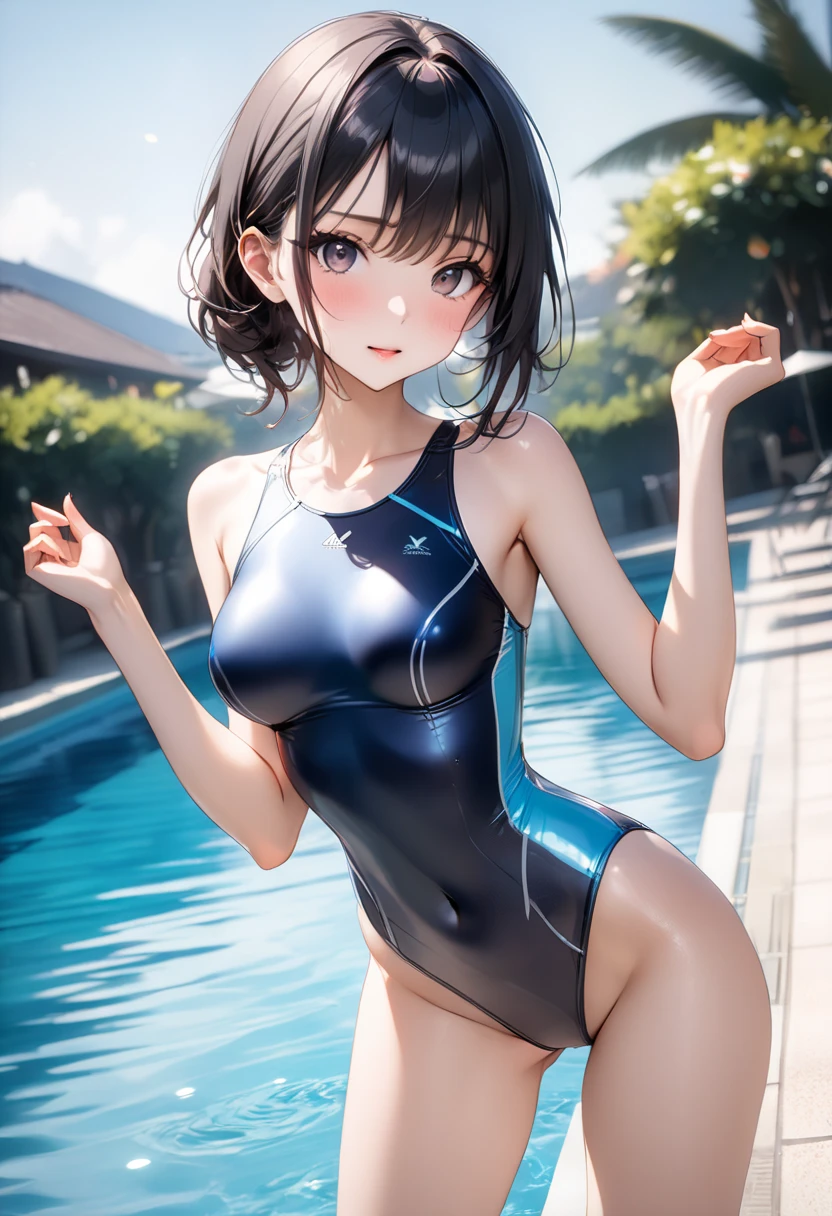 (Lie on your back with your legs open on the bed)、(Show off your crotch)、Many sponsor logos、pretty 1girl, top-quality、The ultra -The high-definition、hight resolution、extremely details CG、8K Unit Wallpapers、17 age、Beautiful detailed eyes,open jipper、(((Vivid Color High Neck Competitive Swimsuit、One piece swimsuit with lines)))、Sleeveless、(a wet body:1.4)、(Shiny body,:1.6)、 blush, Sweat,be shy、(Ahegao:1.5)、((Stick out your tongue and drool))、red blush、full of shyness、