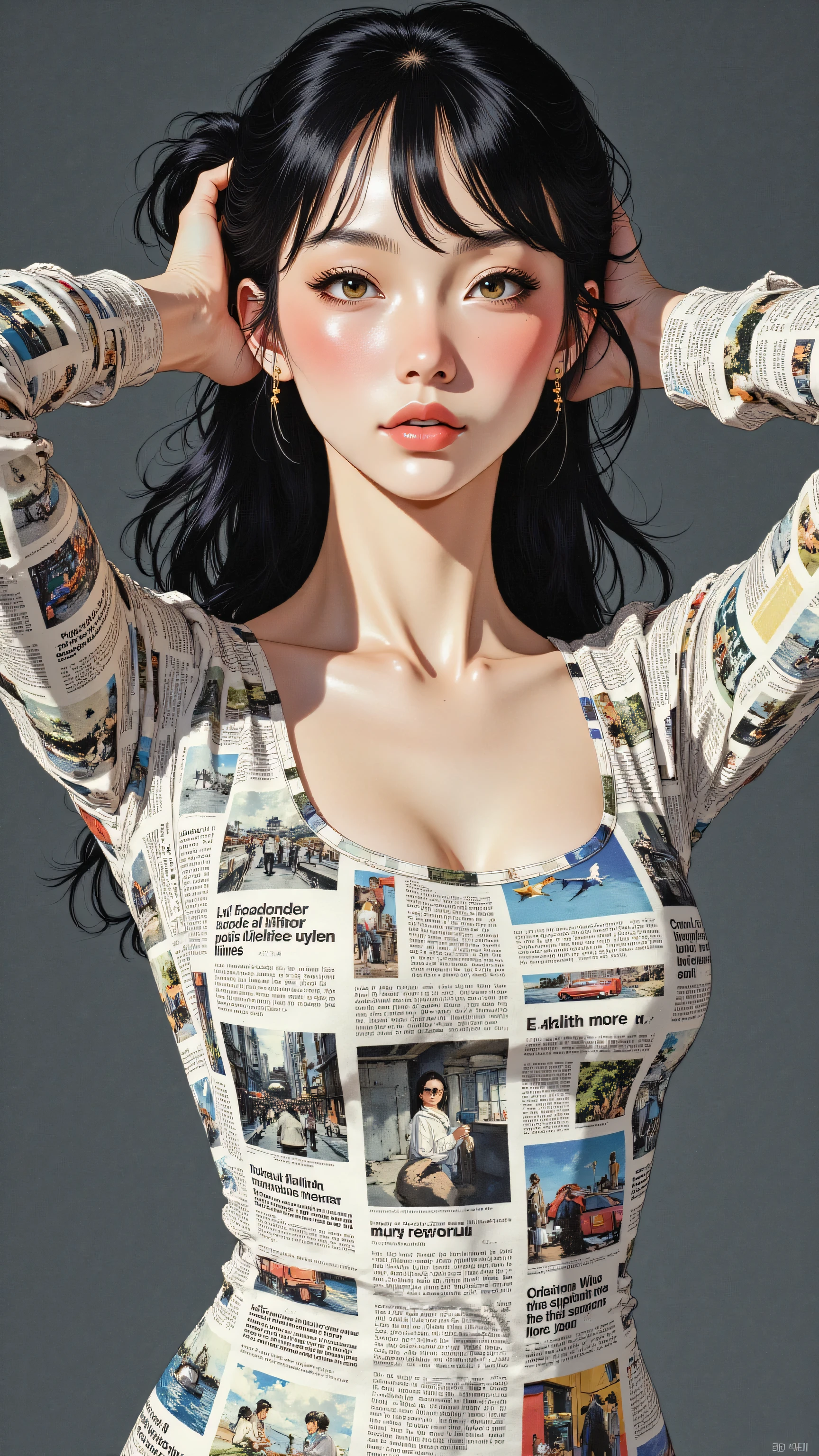 8k, Masterpiece, Top Quality, (Korea's Beautiful Women), Close-up, frontal, woman, dark hair, bangs, scoop neck, newspaper print dress, form-fitting, long sleeves, neutral expression, hands behind head, dark gray background.