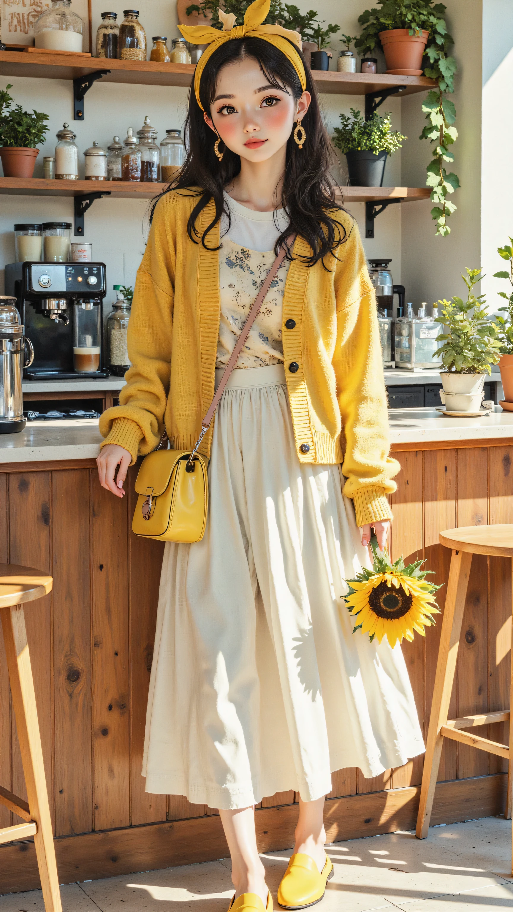 8k, Masterpiece, Top Quality, (Korea's Beautiful Women), Eye-level, woman, dark hair, headband, yellow cardigan, white pleated skirt, yellow mules, yellow handbag, sunflower detail, cafe background, shelves, coffee machine, plants, soft lighting, casual, feminine, Korean fashion.
