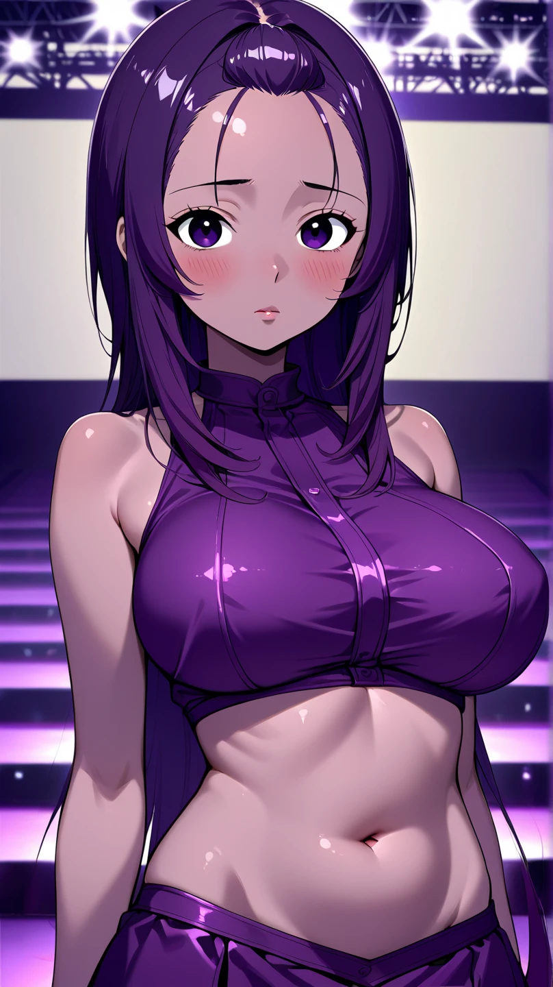 woman、Completely naked、Dark purple hair、Star Eyes、White stars in the pupils of both eyes、blush、Large Breasts、woman器、Put your hands behind your back、Nipples get erect、woman器が白い液体で濡れる、Kneeling、Spread your legs、On the floor