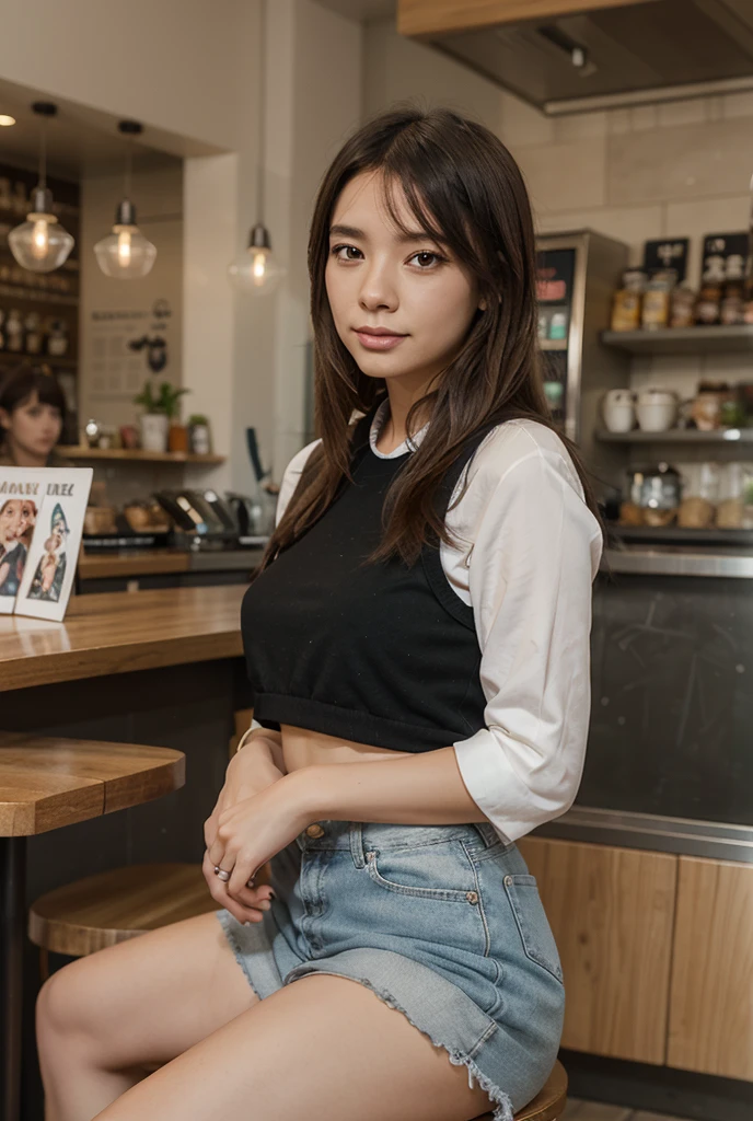 top-quality、​masterpiece、超A high resolution、(realisitic:1.4)、Beautuful Women１、Beautiful detail eyes and skin、smile、Light brown middle-cut hair, She is Wearing a long t-shirt,  gorgeous chinese model, photo of slim girl model, IG-Modell, beautiful female model,  in the paris, Choker, women's trousers, long t-shirt, women's jacket, Eiffel Tower, women's watch, sitting in the restaurant, glassess