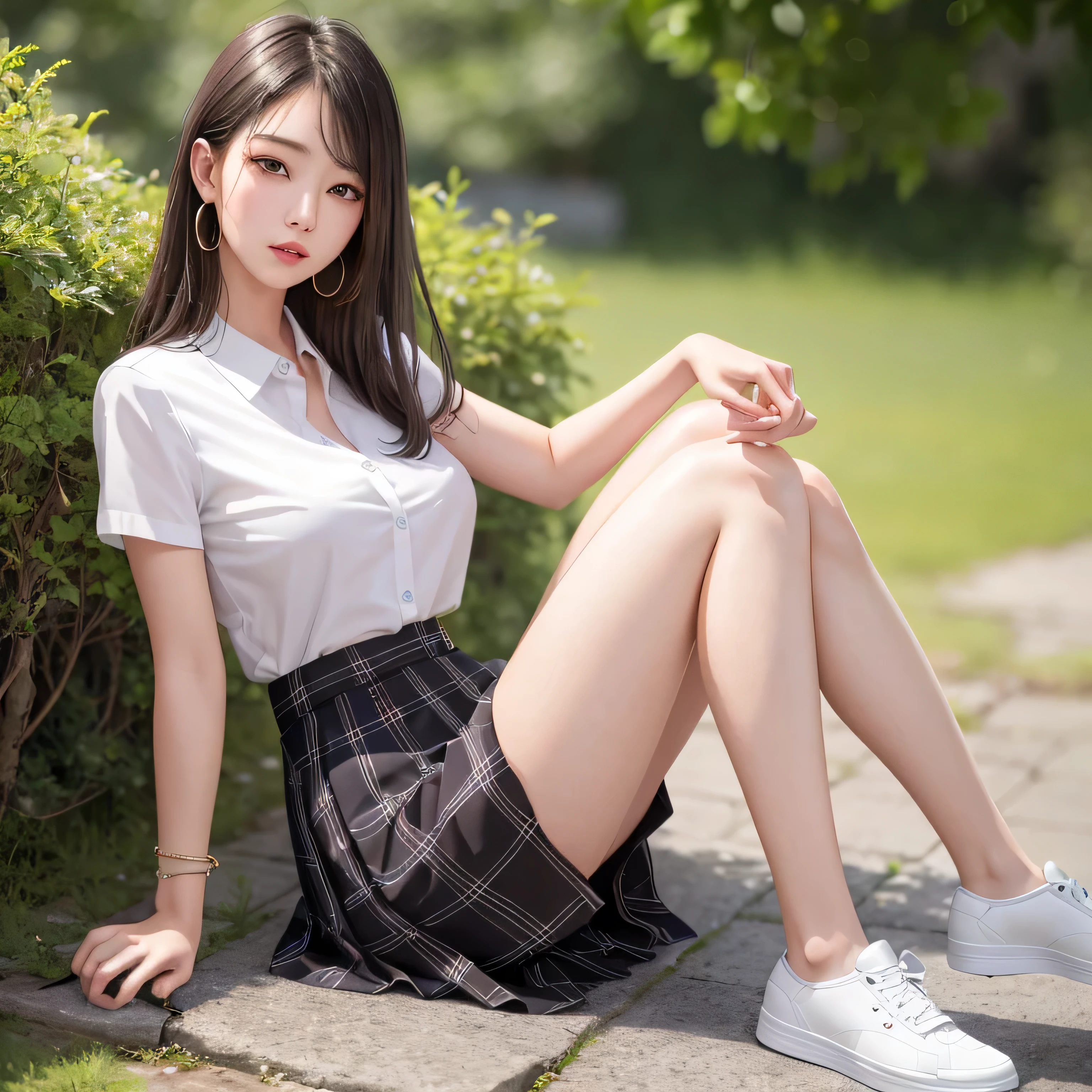 highest quality、masterpiece、park bench、(Photoreal:1.4)、((beautiful girl:1.6)), (Girl with small breasts)、16 years old、(small breasts:1.3)、(beautiful breasts)、((small breasts))、((BDSM))、high school girl uniform、open oxford shirt、pleated pread your legs、spread legs、Spread your legs apart、panties、beautiful girl、asian beauty、dark brown hair、((Super realistic details))、Portrait、very intricate details、realistic light、shining eyes、vivid details、surreal、8K、highest quality、masterpiece、very delicate and beautiful、Full body Esbian、