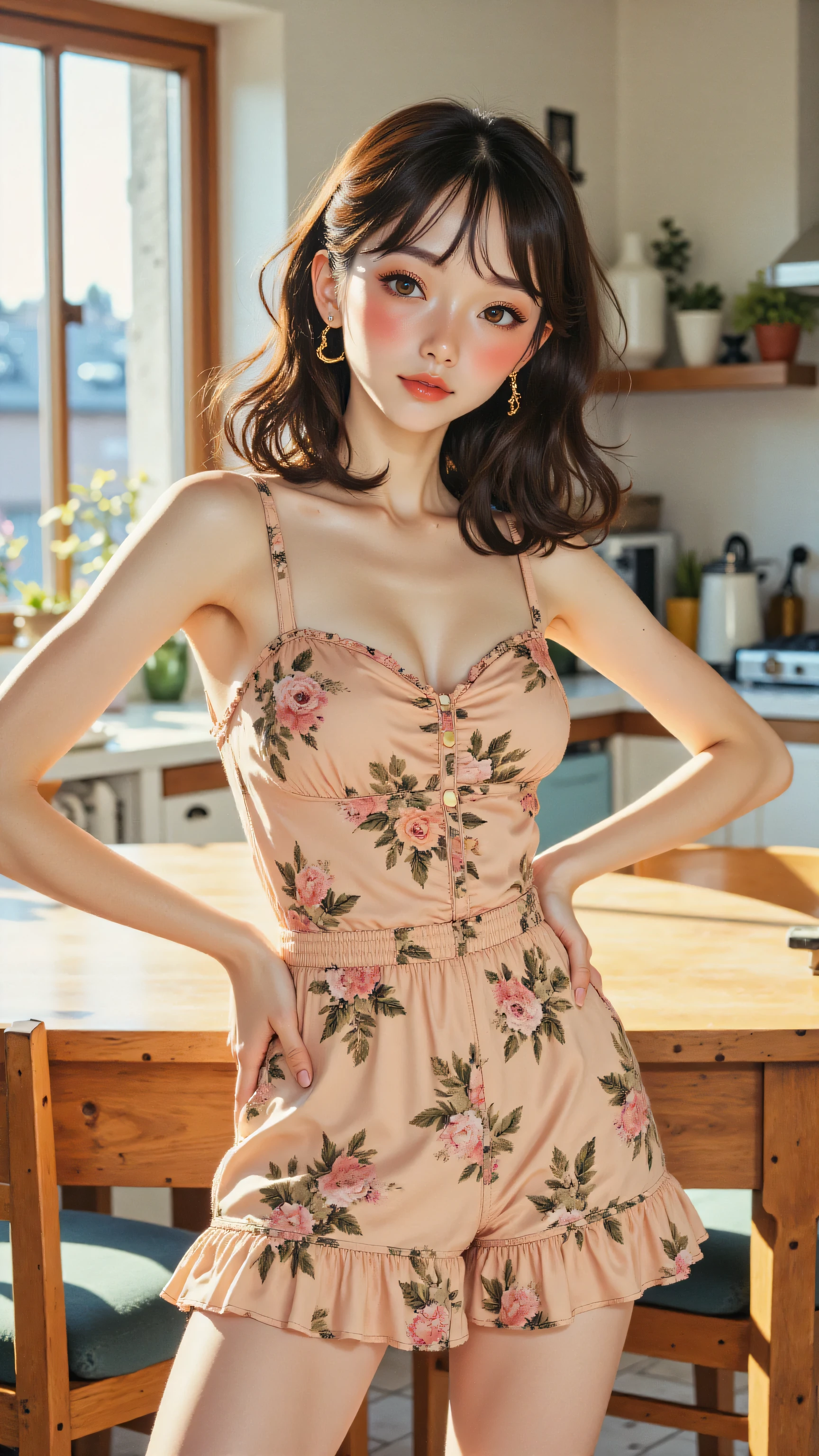 8k, Masterpiece, Top Quality, (Korea's Beautiful Women), Close-up, woman, shoulder-length dark brown hair, bangs, sleeveless romper, floral pattern, sweetheart neckline, ruffled hem, light colors, peach, light brown, calm expression, hands on hips, indoor setting, kitchen, dining area, window, blurred outdoor scene, wooden furniture, soft lighting, warm lighting, idealized aesthetic.