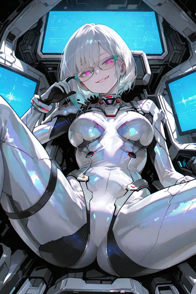 android, beautiful robot. Her curly short black hair is very short like army man, big smile, middle age, joint seam, black eyes, full body figure, Height: 160cm, She wears only micro mini pantie, show pantie, Uplifting, 21th century japan animation, she wares metal flame glasses.
