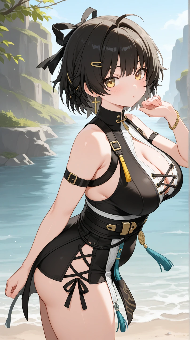 black hair, black colored dress, white eyes, gigantic breasts, cleavage, bare legs, smiling