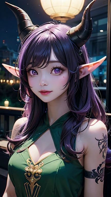 (masterpiece, best quality:1.4), looking at viewer, (on_front:1.2), bright sky,
(wavy hair:0.8), cloudy sky, sunlight, upper_body, off shoulder, summer, day,detailed face, 4k, Y2K clothing, purple twin tails, massive tits, , idol, masterpiece for eyes, long lashes, juicy lips, highlights in eyes, elf ears, tattoos, ((red eyes))