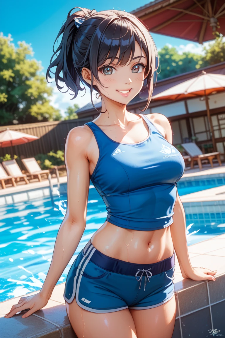 deusa fitness, linda, bikini branco spandex o, fundo hyperdetalhado, swimming pool party, luz natural, [abs:1.5], [sorriso:1.1], solo, @sarasaffari_, Brown medium hair over shoulders, light Brown skin,