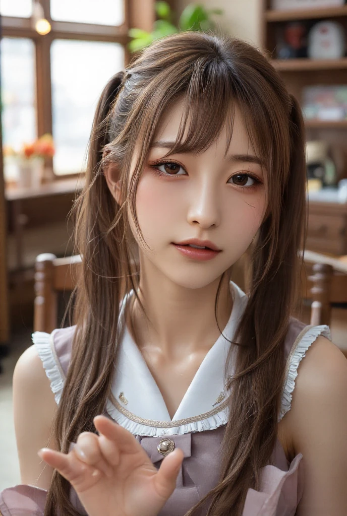 (1girl:1.3), cinematic light, (masterpiece, top quality, best quality, official art, beautiful and aesthetic:1.3), extreme detailed,highest detailed,(ultra-detailed),((an extremely delicate and beautiful)),  (photorealistic:1.4), dramatic lighting, 
silky long hair, (brown hair), 
white shirt, waist up, from below, 
shy, blush, 
evening park