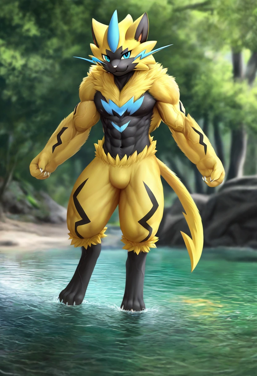 zeraora, wearing a tiny black thong, bulge, standing, smile, male, muscular