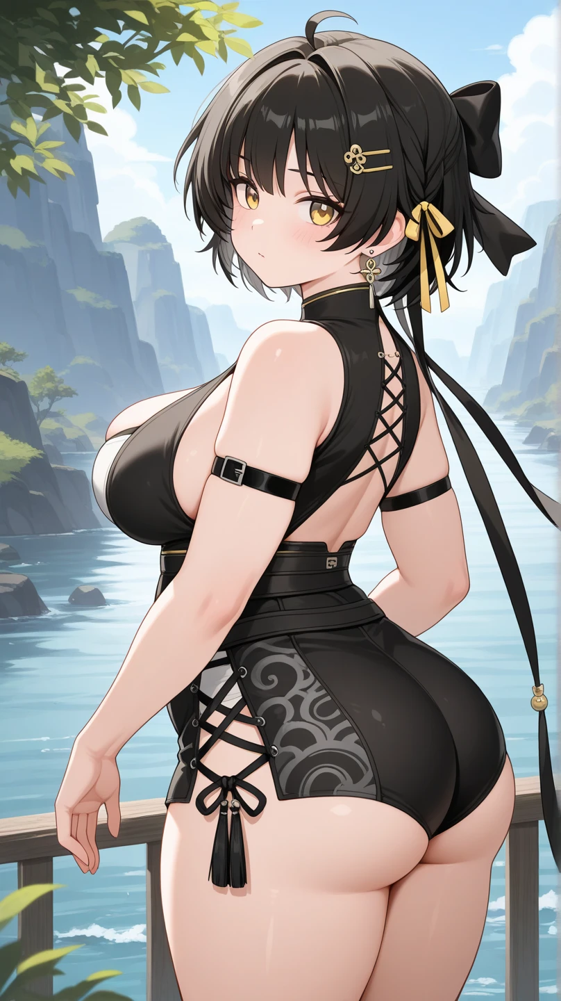 hoang lap,A high resolution,ultra - detailed,photo-realistic(1girll:1.3),handpainted,Simple lines,16-year-old girl wearing black Chinese Hanfu,beuaty girl,In the lotus pond,tmasterpiece,standing in water,black pantyhoses,black pantyhoses,ssmile,looking toward the viewer,Large round chest,Raised sexy,Raised sexy,Raised sexy,black pantyhoses,Dance,black pantyhoses,Gold earrings