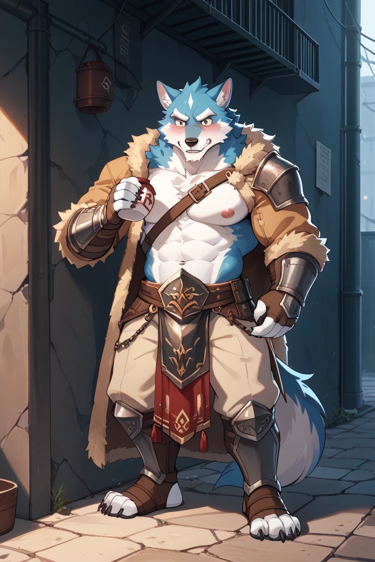 Solo Sexy young anthro furry wolf male mercenary medieval solider, slim endomorph muscular, anthro handsome gay shorter muzzle, handsome gay model male apperance, he masturbate his gard erection  dick, cum cumshoot, erection of dick, dick masturbation with hand,sword scars, worn out leather skimpy armament, low on hips heavy leather belt, old very worn out skimpy dirty linen material jockstrap, old yellow dirty worn out stains on white sawn jockstrap, very visible "x" brown seam pattern on the jockstrap, studded skimpy armlets breastplate armor, skimpy breastplate, leather bondages, fingerless leather gloves, smelly unwashed furr, dirty body look, desert battlefield, looks pleasured