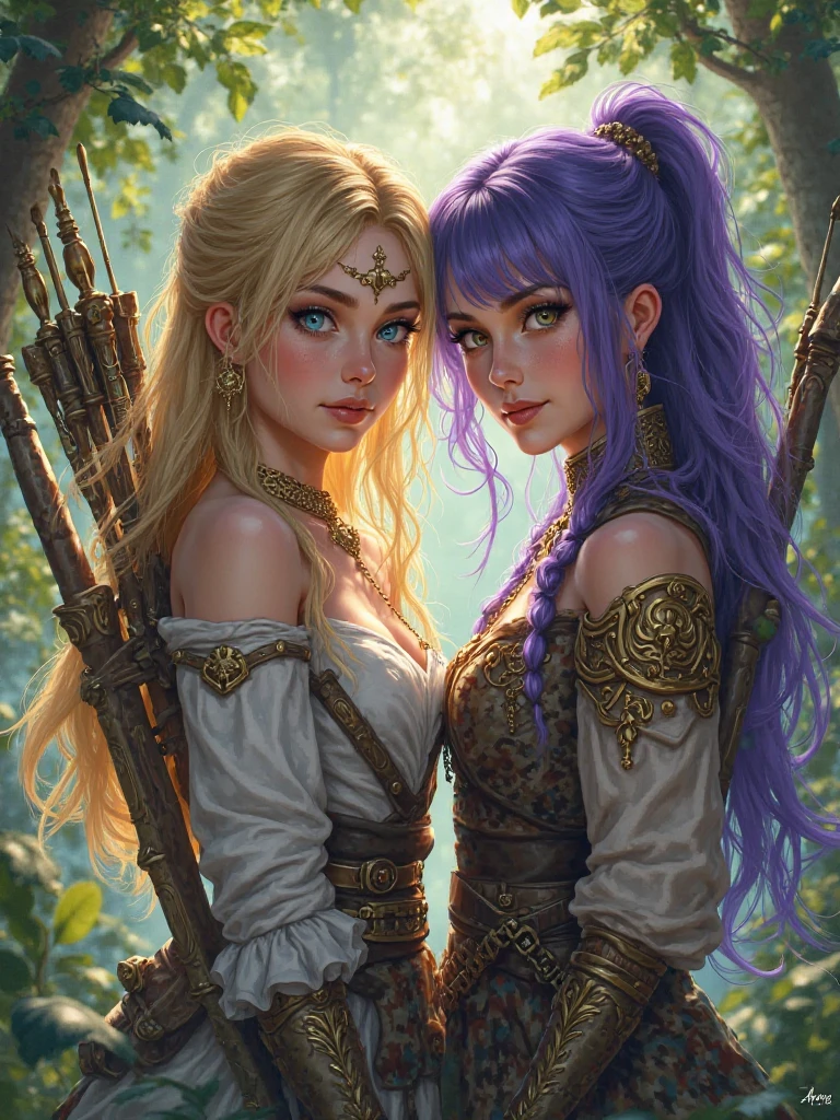Beautiful Caucasian woman. Just a woman. Alone. One character. Queen. Medieval western woman. Long hair with 1 braid. Purple hair. Bright purple eyes. Warrior woman. Beautiful woman. Fit body. Round breasts. Breasts on display. She is wearing shiny gold armor with several purple details. On her head the woman has a delicate gold crown with purple jewels. The woman has a cheerful expression. Looking straight ahead. Full length portrait. She is standing in a large field during a sunny day. Dynamic light. Dynamic shadows.