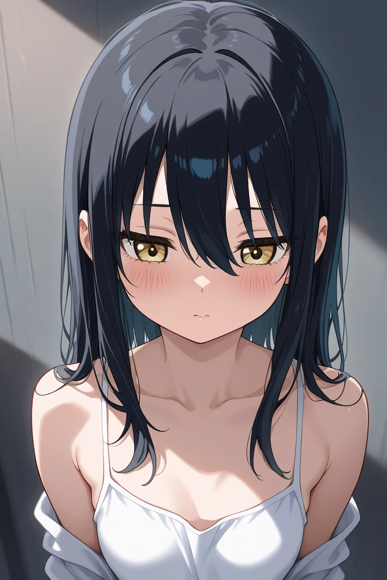 masterpiece, high quality, 8k, Beautiful lighting,sunny day, 1 girl, alone, hiori kazano, ,,((NUDE)),((Detailed eyes:1.5)),((close up:1.5)),,, ((Upper Body)),((Slender body)),,Detailed face,((flat-chest)),,squinting,blush,View your viewers, white lace bra, outdoor, long bangs,