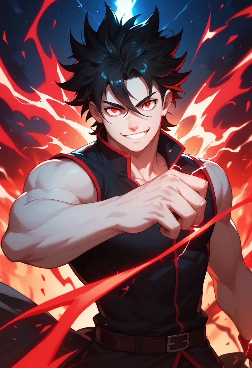 black hair, white skin, spiky hair, strong physique, bright red eyes, black and red energy, black and red electricity, man, anime style, fighter, smiling, night, fantastic lighting, character focus, solo, red energy, messy hair, strong