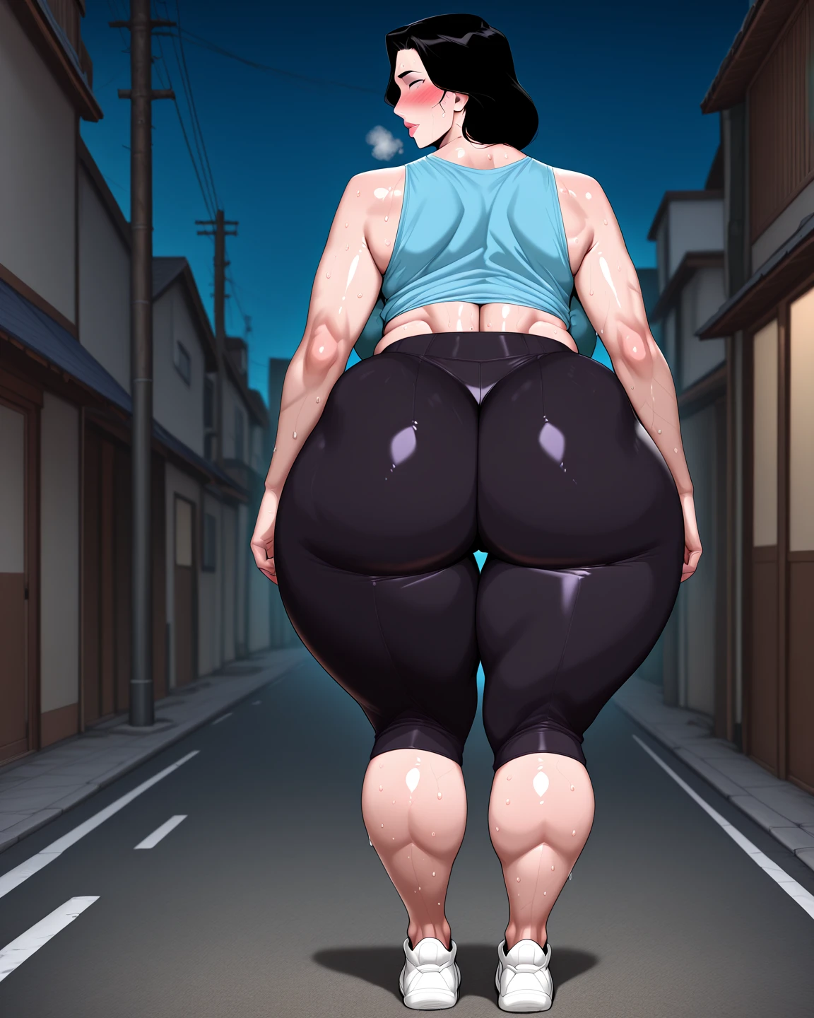 (8k, RAW photo, best quality, masterpiece:1.2),(realistic, photo-realistic:1.37), ((best quality)), fat kobeni, ultra high res,extremely detailed CG unity 8k wallpaper, physically-based rendering,cinematic lighting,half body, (bokeh:1.4), (((1girl))), shapely, (slim waist),higashiyama kobeni,black hair,red hairpin,white shirt,black necktie,black pants,convenience store,butt to camera, showing back, fat body, fat arms, fat belly, obese girl, fat neck, cute and fat face, big cheeks, big butt gluton, farting
