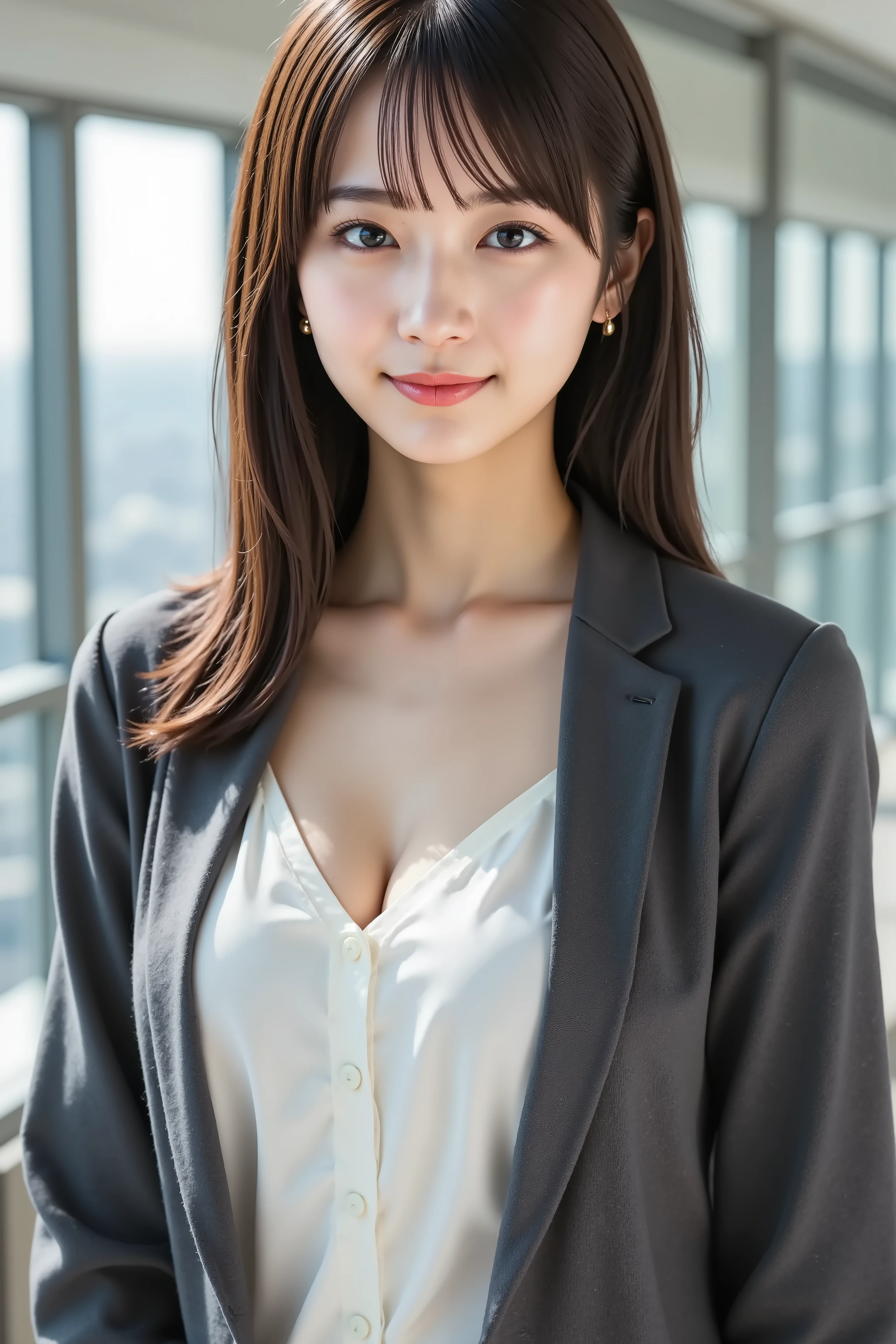 haruka, firm breast, by adjusting the framing so the subject's full head is visible within the composition, with the crop showing only from just above the bust to slightly above the top of the head. Ensure there is a comfortable amount of background space above the head to establish spatial context. The subject now wears a crisp white blouse paired with a fitted suit jacket instead of the previous camisole. The blouse is structured yet soft, with a smooth finish that catches the ambient light coming through the windows, highlighting the contours around the chest and shoulders. The collar is slightly open, revealing a bit of neckline, and the buttons are subtly reflective, enhancing the formal yet elegant look. Over the blouse, a charcoal-gray tailored jacket is neatly fitted along the shoulders and torso, giving a professional and polished silhouette. The jacket features slim lapels and minimal detailing, allowing the clean lines and fabric texture to remain the visual focus. The outfit conveys a modern and refined style appropriate for a professional setting. The background has been changed to a high-rise office with glass walls. Through the expansive windows, a panoramic urban skyline is visible, filled with distant buildings, soft clouds, and morning light casting reflections on glass surfaces. The city outside appears active yet distant, adding depth and contrast to the calm interior. Sunlight filters through the windows, casting natural highlights on the subject’s hair and jacket, while faint reflections of the city subtly appear on the glass panels behind her. The overall composition balances indoor elegance and the expansive openness of the city view. The lighting is bright and natural, emphasizing detail while keeping the scene crisp and contemporary. The subject is positioned confidently in this setting, with her full head framed clearly, and space above her revealing the skyline beyond, enhancing the sense of scale and professionalism.