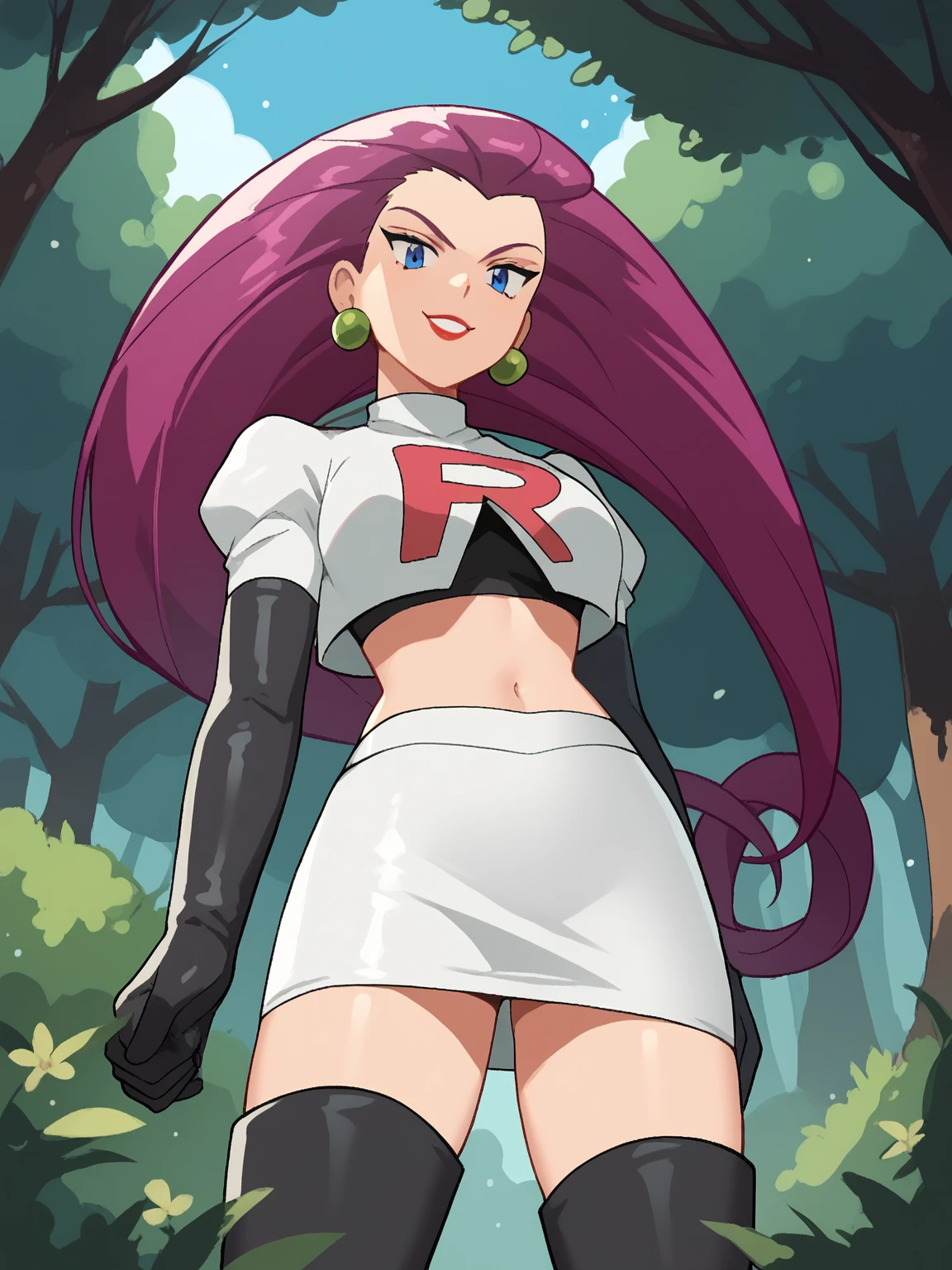 view of the valley, with grass, team rocket uniform, red letter r, white skirt,white crop top,black thigh-high boots, black elbow gloves, evil smile, looking at viewer, hands on hips, spread legs, sitting down, panty shot