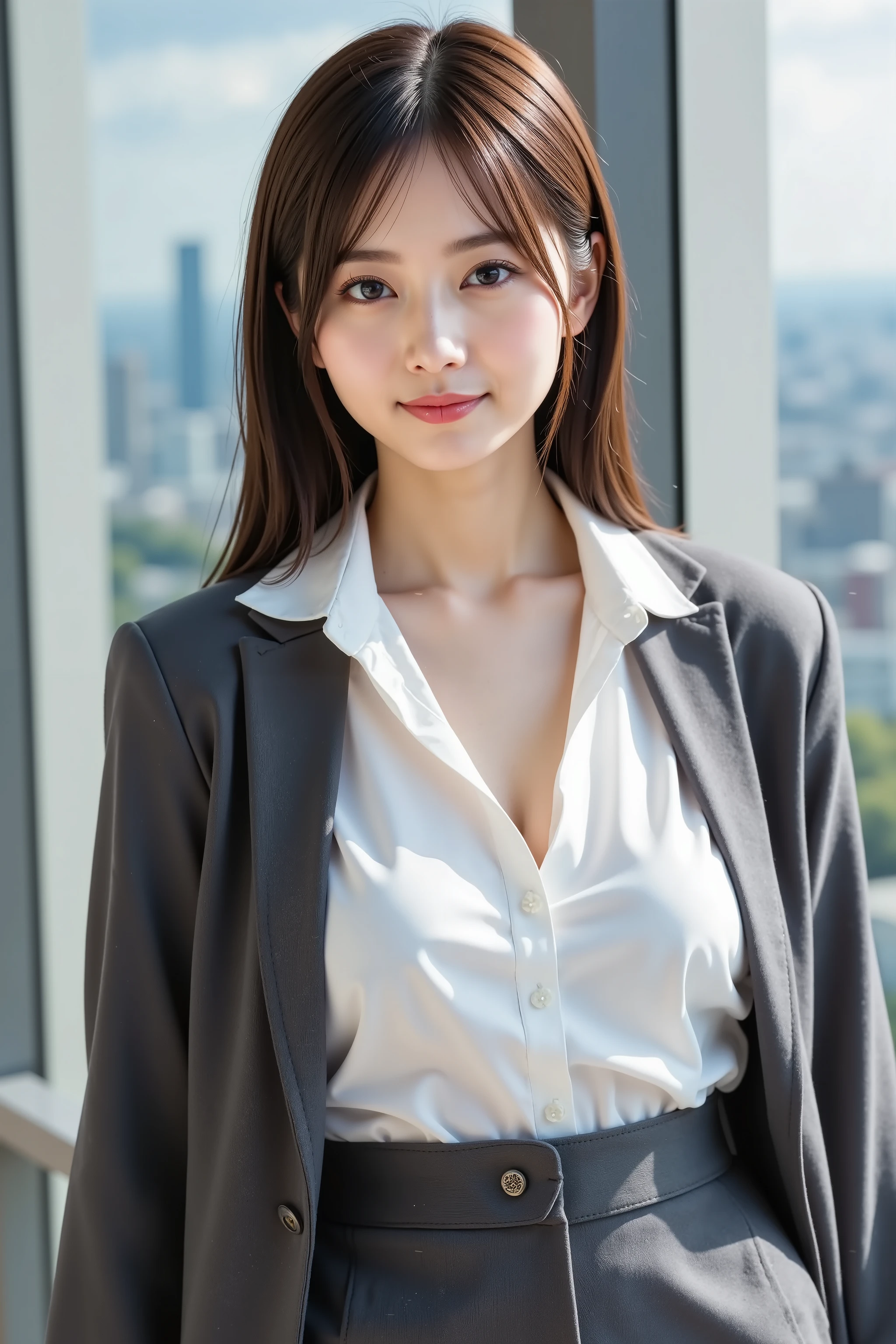 Woman in a suit standing on the sidewalk,((20-year-old woman))、small Breasts、Dark brown hair color、Hairstyle with bangs、Various hairstyles、Hairstyles of different lengths、(8k, RAW Photos, highest quality, Tabletop: 1.2),、(Realistic, Realistic: 1.3), Cityscape, Day, Sunny Morning, Professional Lighting, Photon Mapping, shirt, (Woman in a suit,) Silk Suit、Tight mini Skirt、((Delicate photo)),(Detailed RAW Photos of Girls), (Tabletop:1.25), (highest quality:1.6), (超A high resolution:1.5), (Realistic:1.75), 8k resolution, Canon EOS R5, 50mm, absurdes, Ultra-detailed,Cinema Lighting, (Skirt Lift:1.5)、the wind is strong、smile、Skirt flipped up, ((openclotch_panties)), nsfw, beautiful pussy,