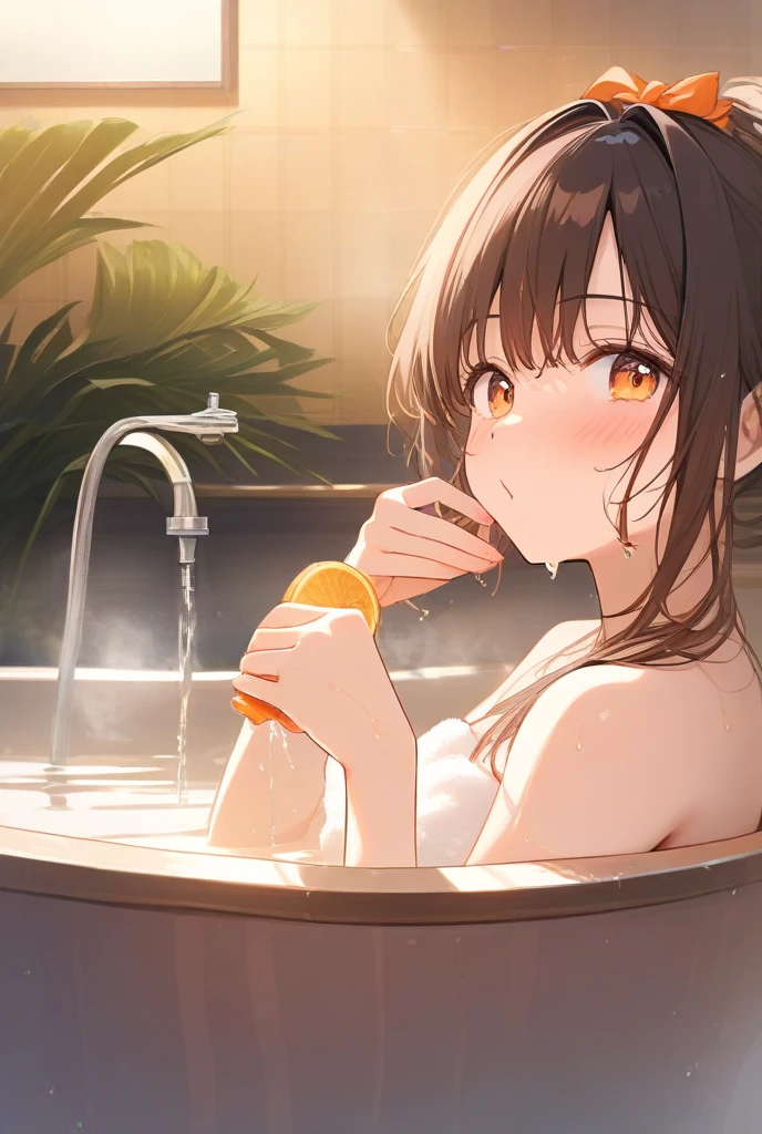 watermelon、mandarin orange、banana、strawberry、pineapple、melon、Grapes、muscat、watermelonのかわいいブラとwatermelonのかわいい下着の女の子、Take a bath in a bath full of fruit、barefoot、