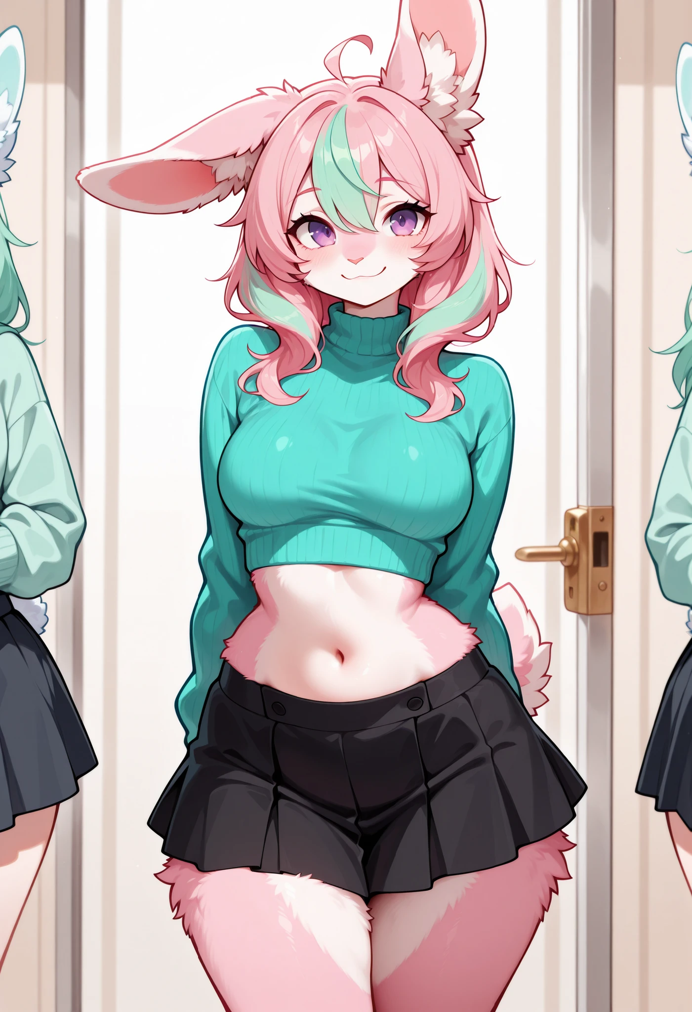 (Masterpiece) (High Detail) (High Res) A tiny, short, slim, curvy and cute fluffy pink rabbit furry with fluffy pink fur all over her body with a pink tummy fur and purple eyes and a curvy effeminate shape and pink hair with mint-green streaks and thick thighs and curvy wide hips and a fluffy pink cottontail rabbit tail and medium breasts and long pink bunny ears. She is dressed in a baggy oversized mint green sweater and black skirt and is smiling shyly. She is out in public and it is a cold winters day. Trees with no leaves on them. Snow. Winter.